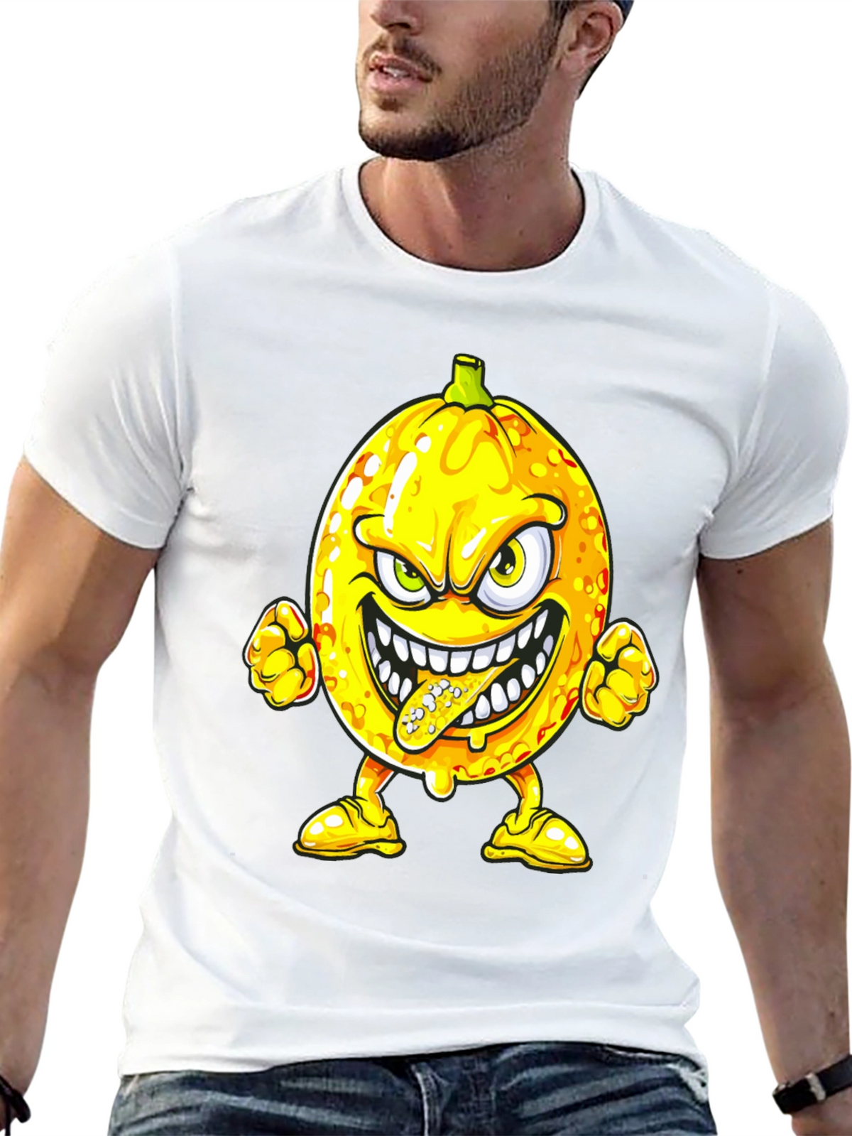 Mens Black T-Shirt with Cartoon Lemon Print