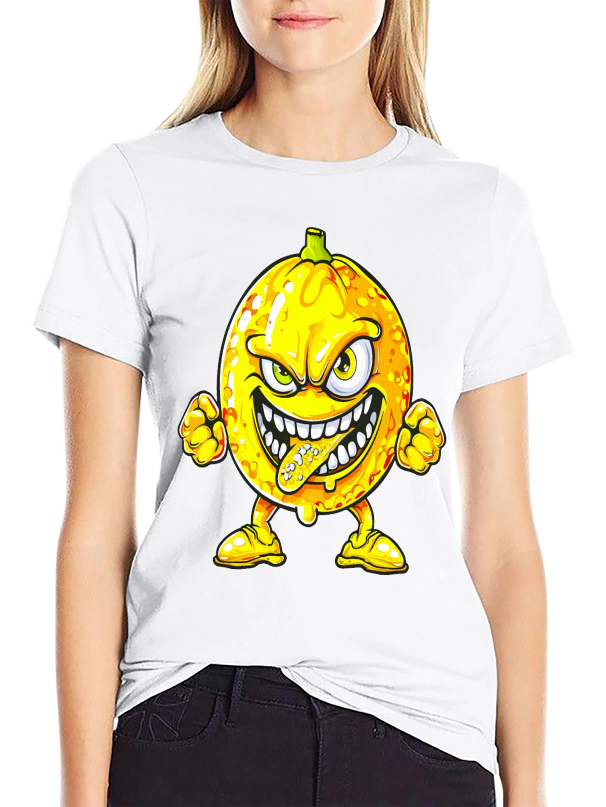 Mens Black T-Shirt with Cartoon Lemon Print