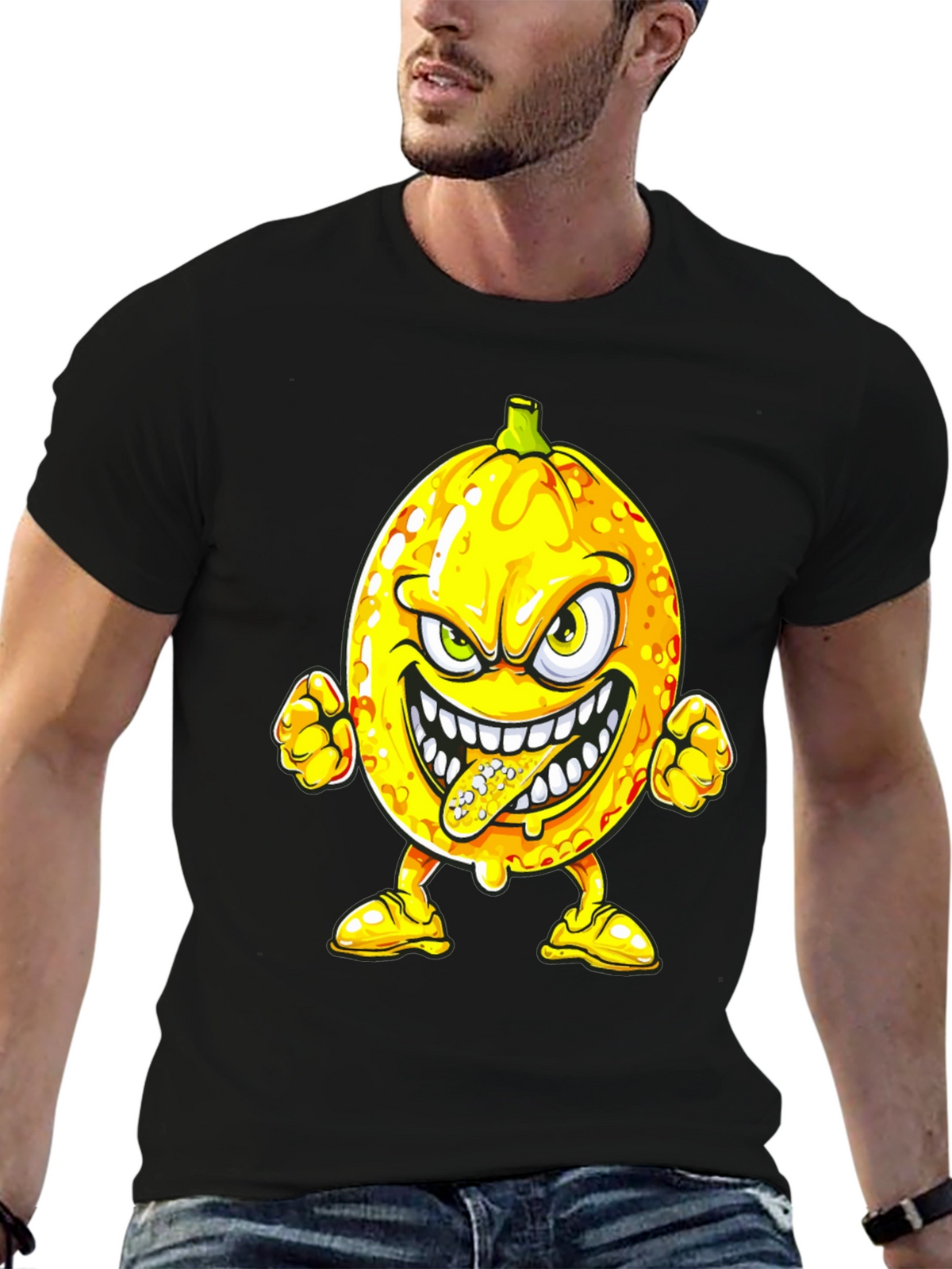 Mens Black T-Shirt with Cartoon Lemon Print