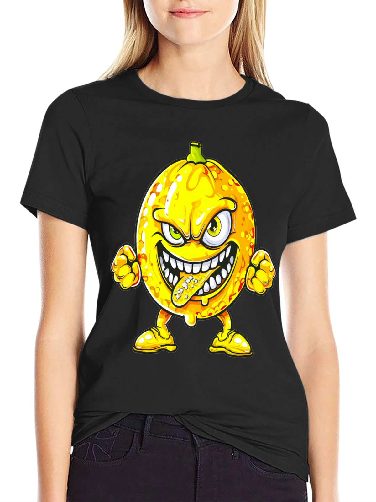 Mens Black T-Shirt with Cartoon Lemon Print