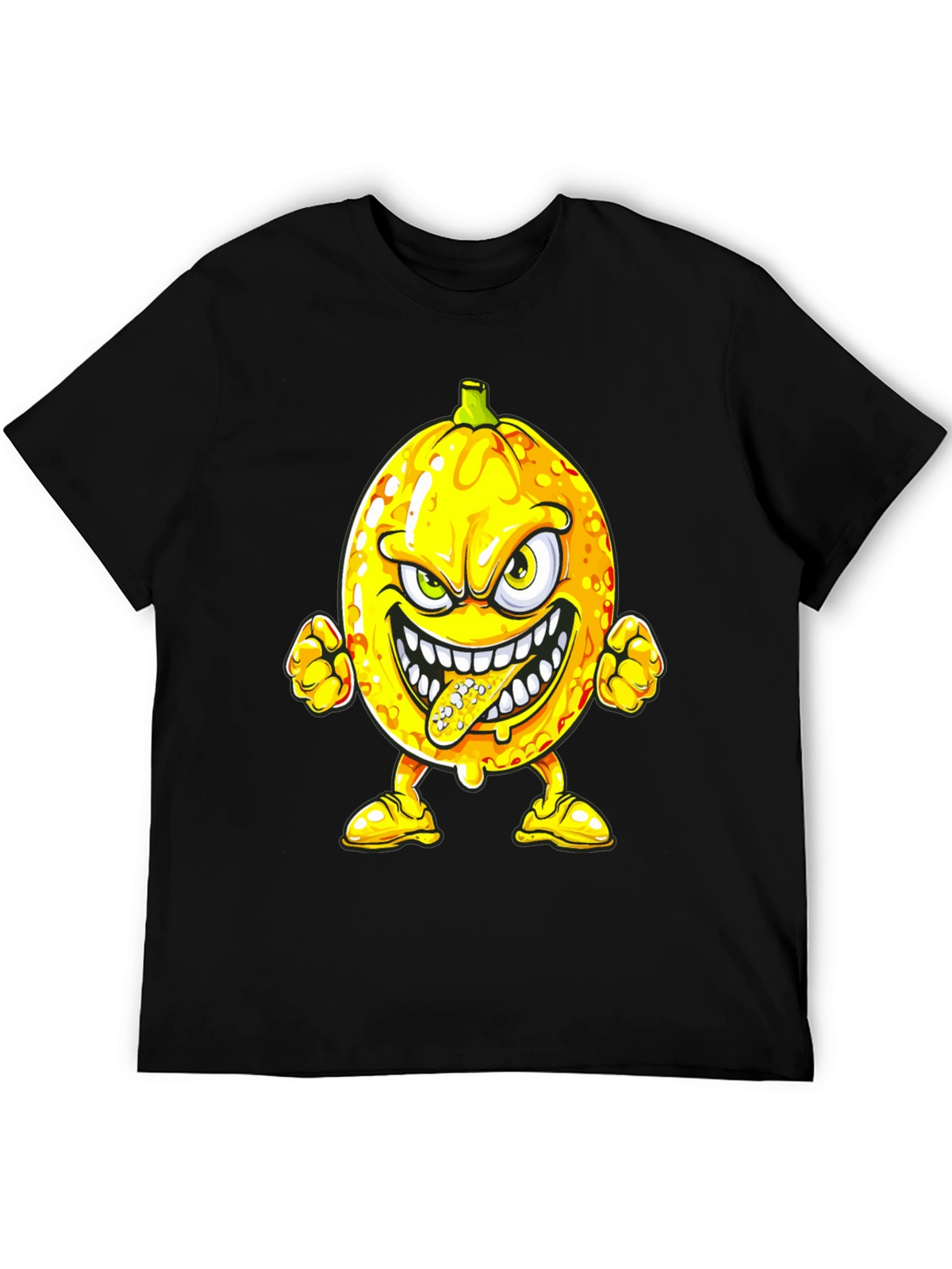 Mens Black T-Shirt with Cartoon Lemon Print