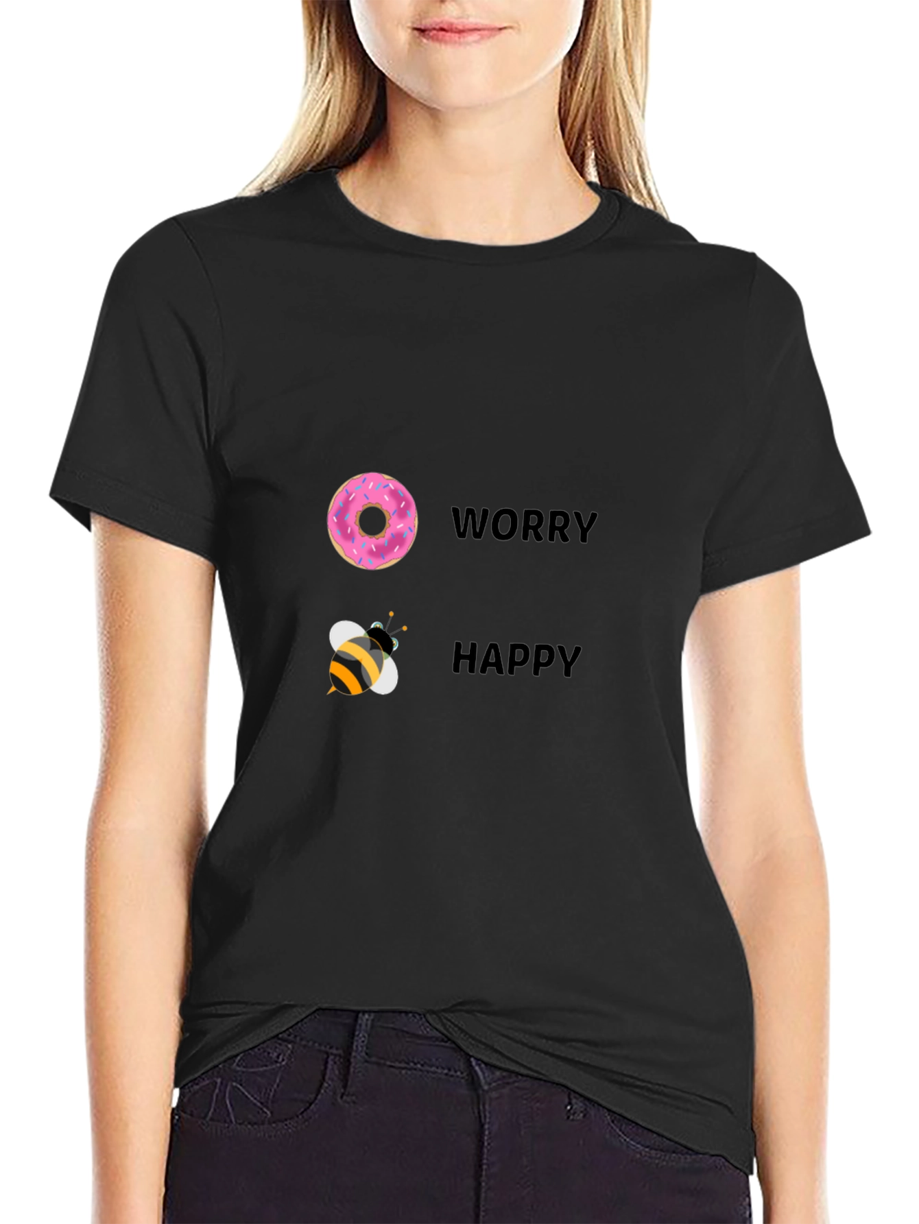 Donut Worry Bee Happy Black T-Shirt