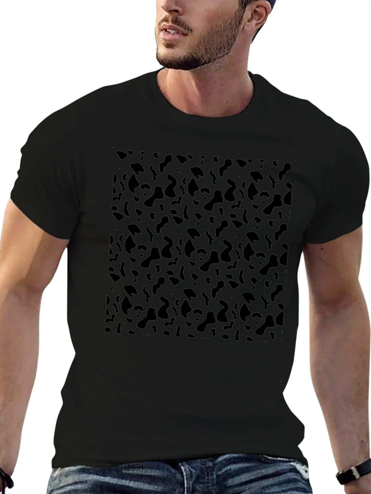 Mens Black Leopard Print Crew Neck T-Shirt