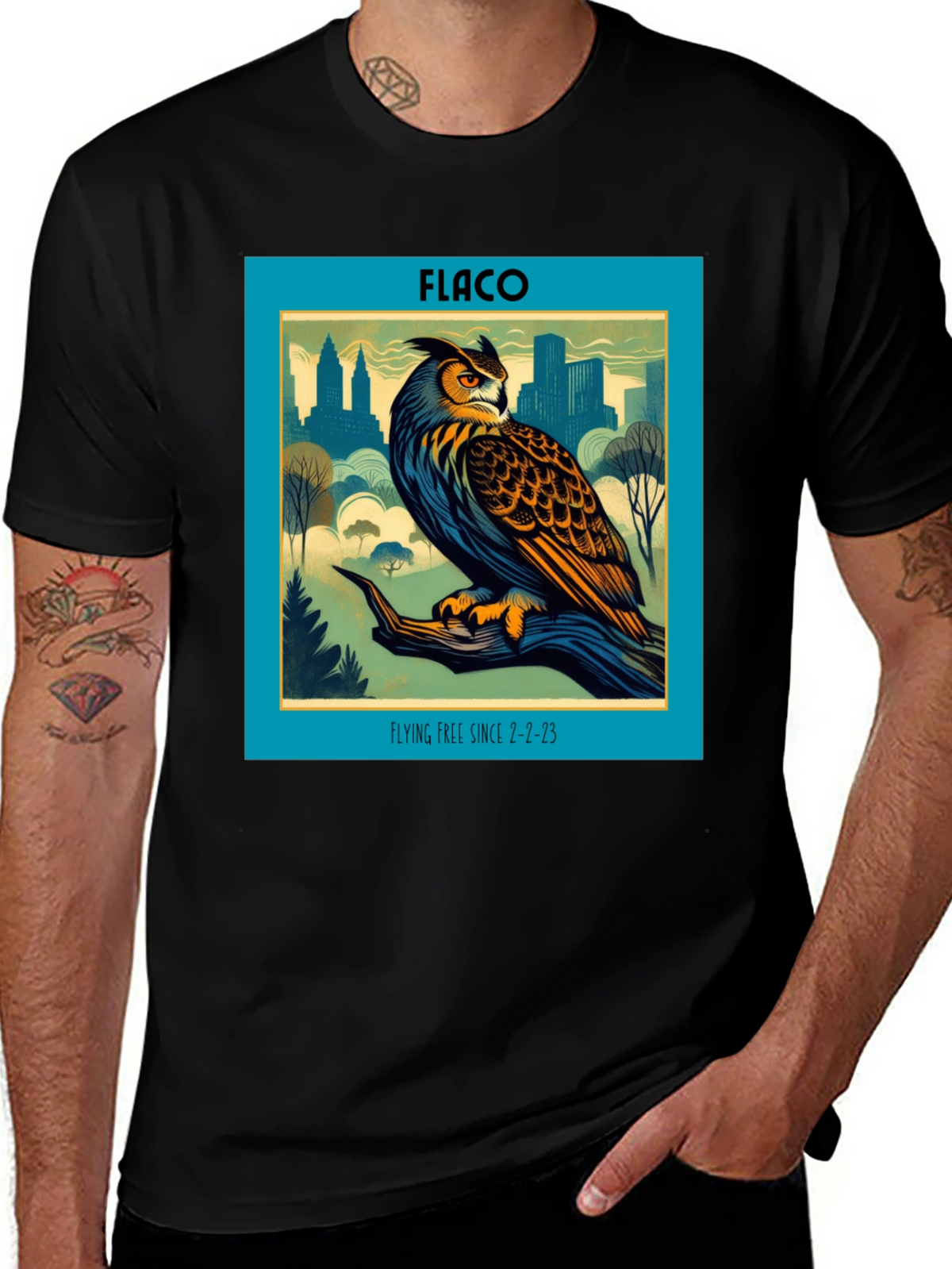 Flaco Owl T-Shirt - Flying Free Since 2-2-23