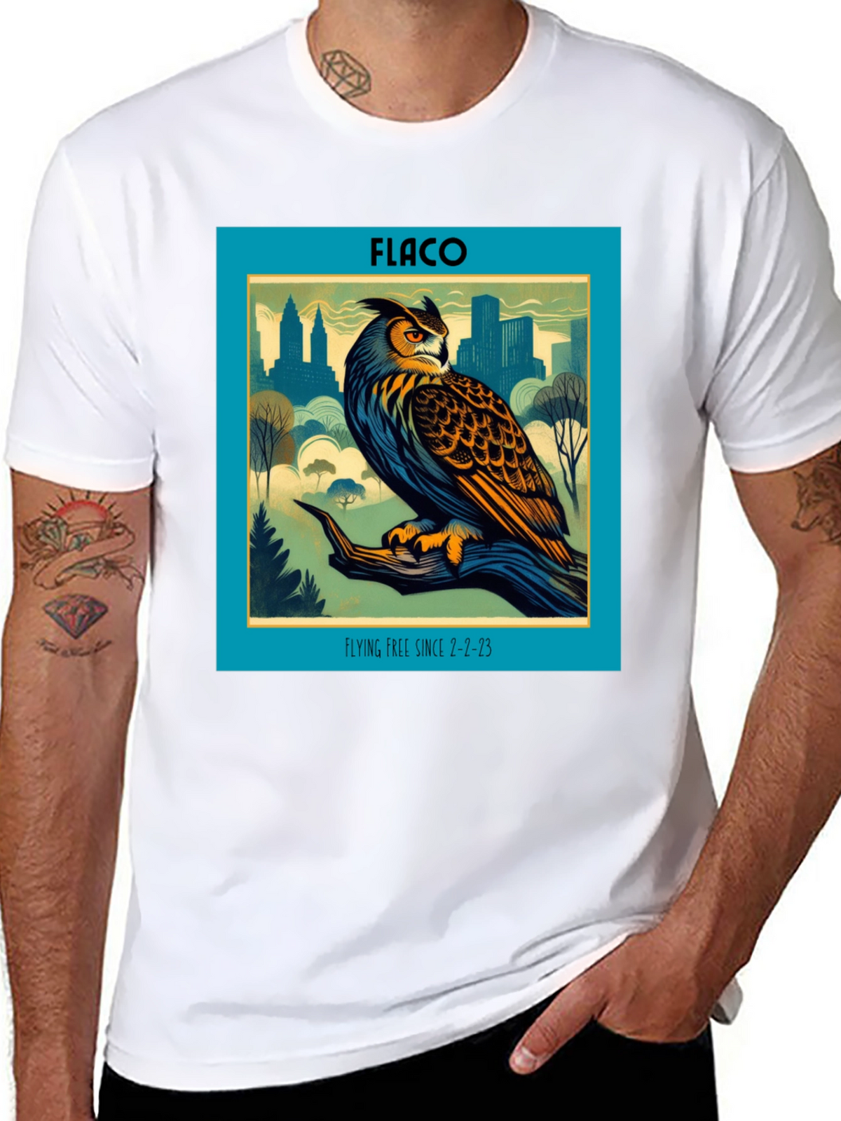 Flaco Owl T-Shirt - Flying Free Since 2-2-23