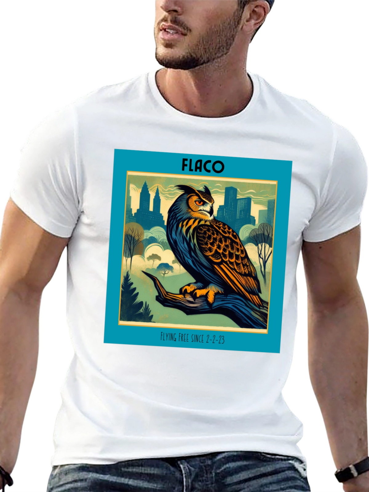 Flaco Owl T-Shirt - Flying Free Since 2-2-23
