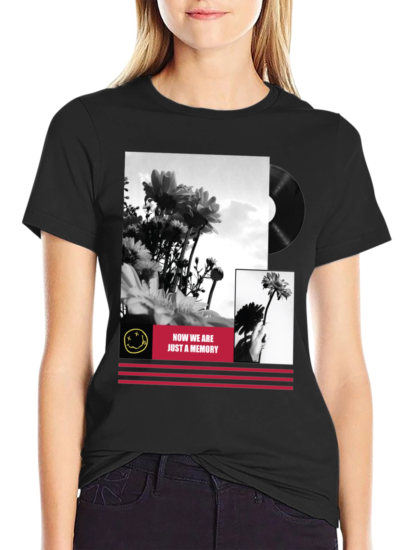Black Floral Grunge Graphic Tee