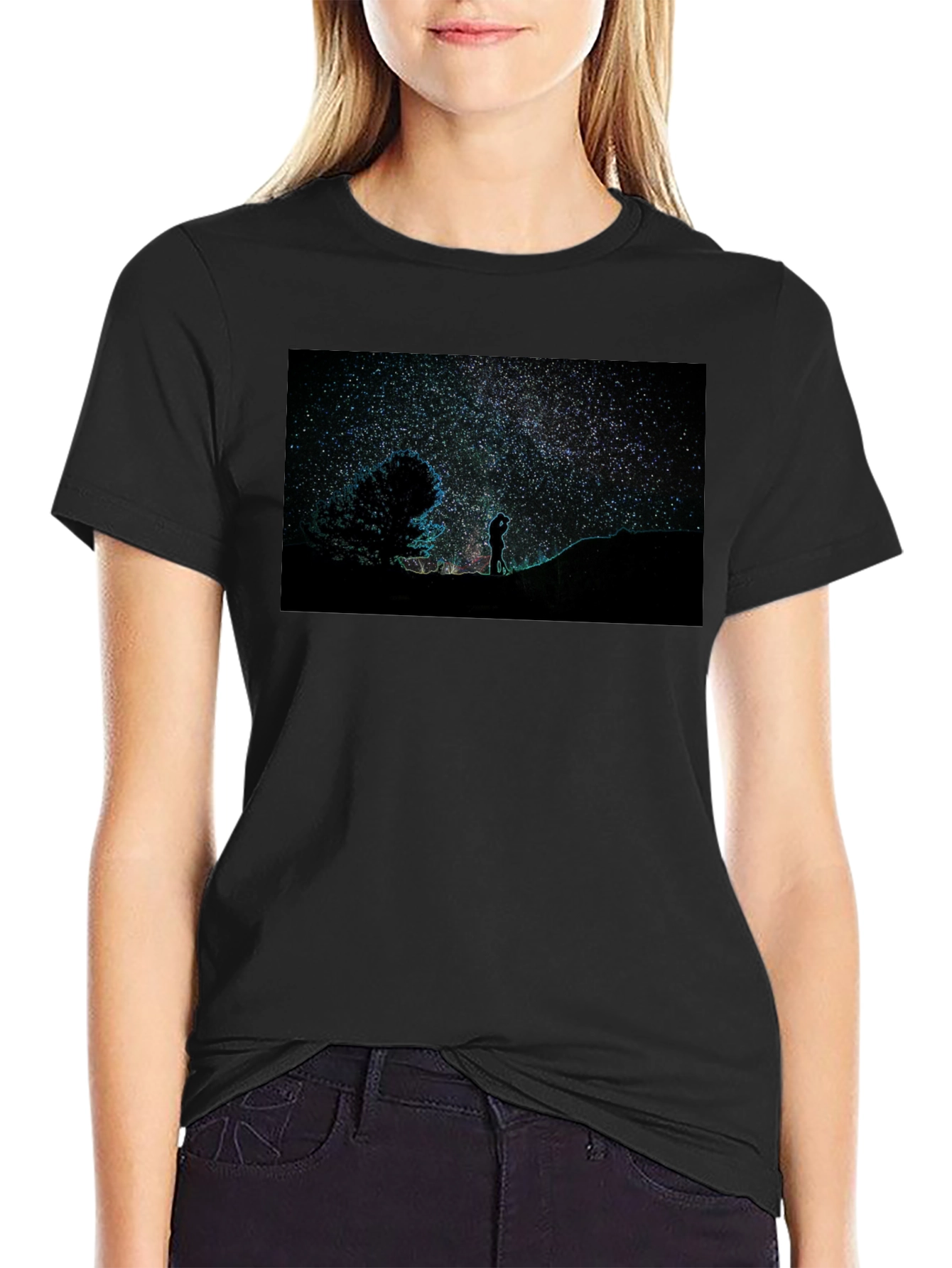 Starry Night Sky Graphic Print Black T-Shirt