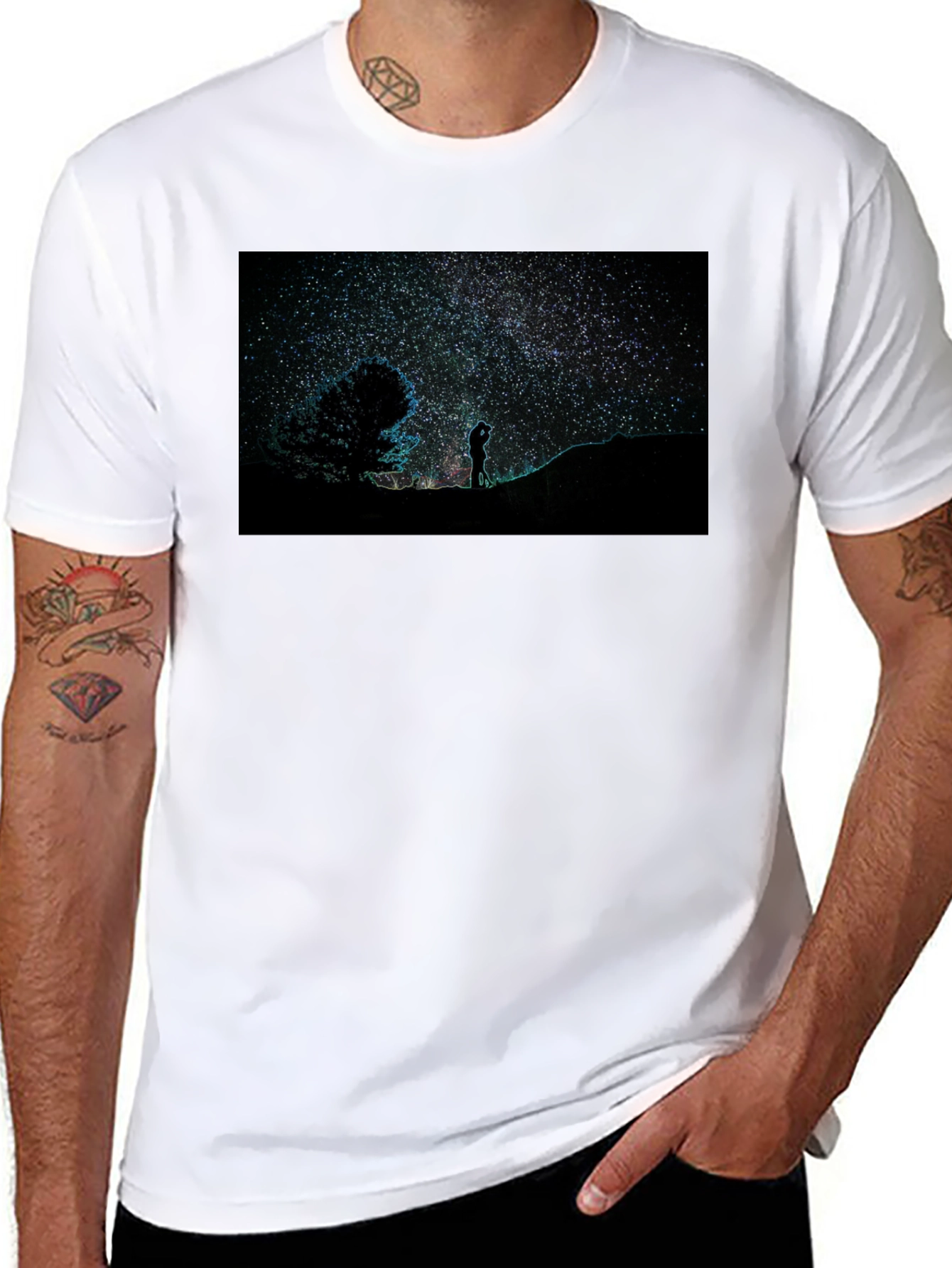 Starry Night Sky Graphic Print Black T-Shirt