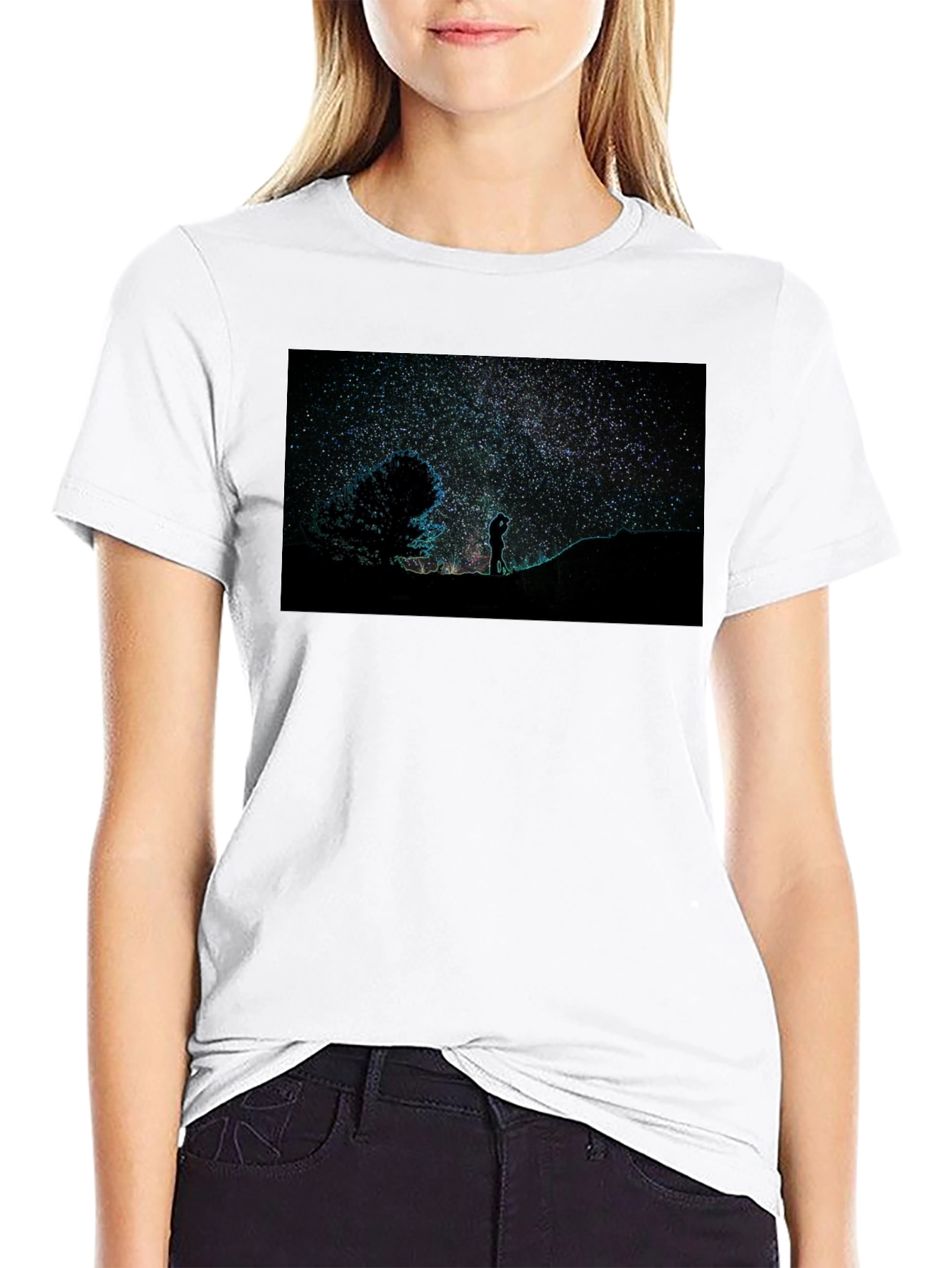 Starry Night Sky Graphic Print Black T-Shirt