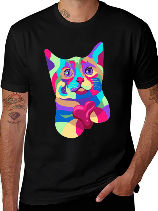 Colorful Cat Holding Heart Graphic Tee