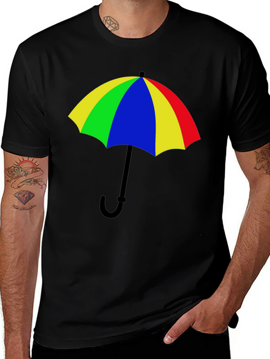 Colorful Umbrella Graphic Tee - Black Cotton T-Shirt