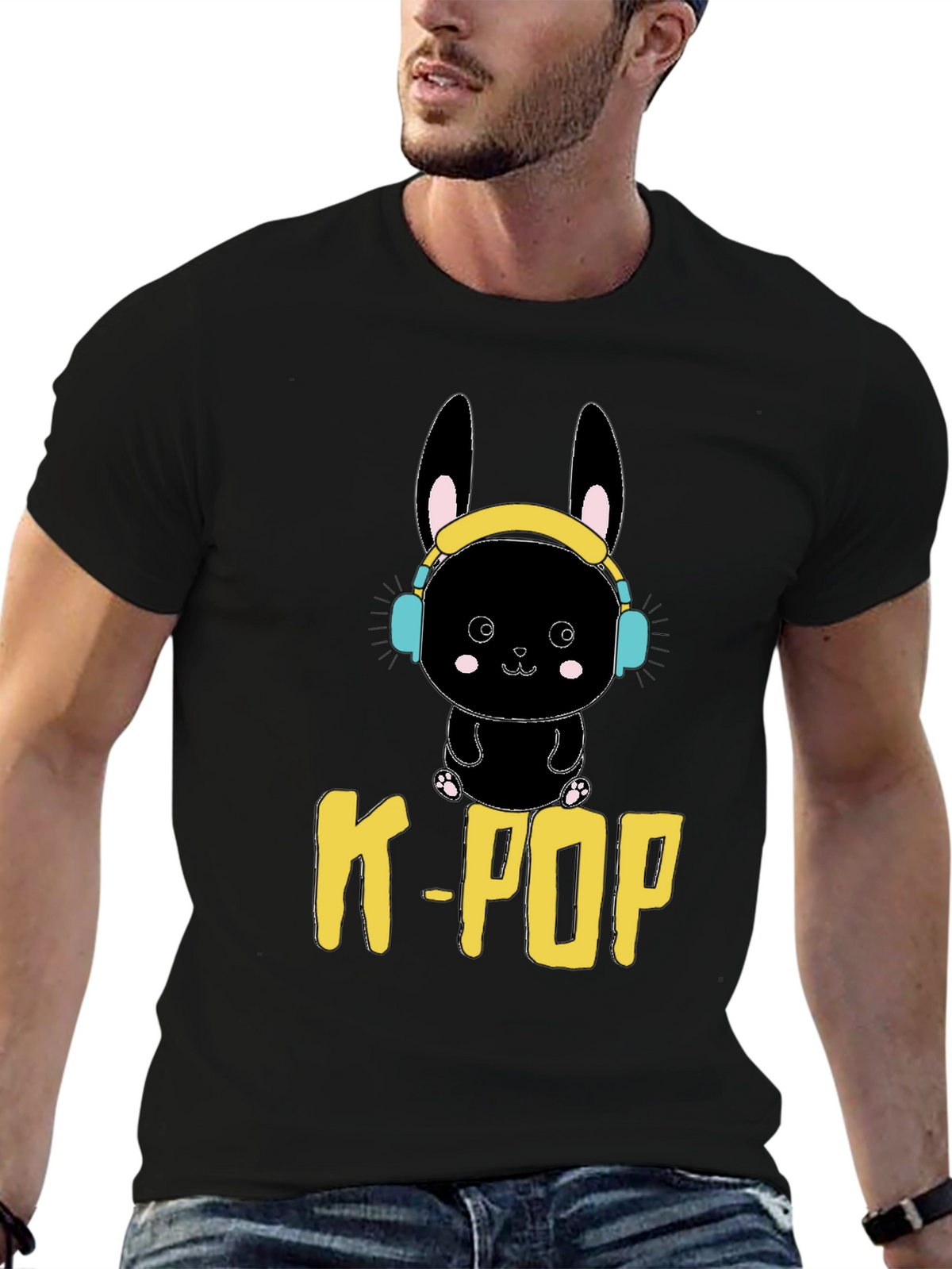 K-Pop Bunny Graphic Tee - Black