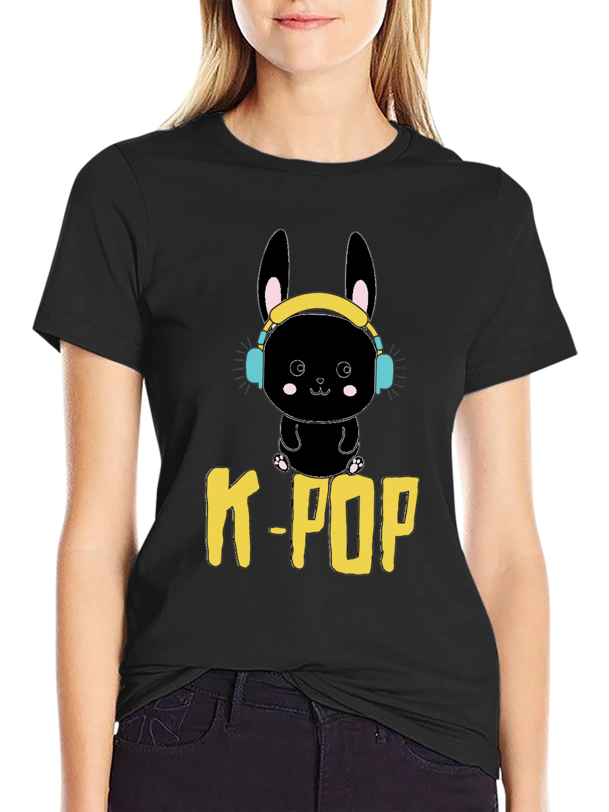 K-Pop Bunny Graphic Tee - Black