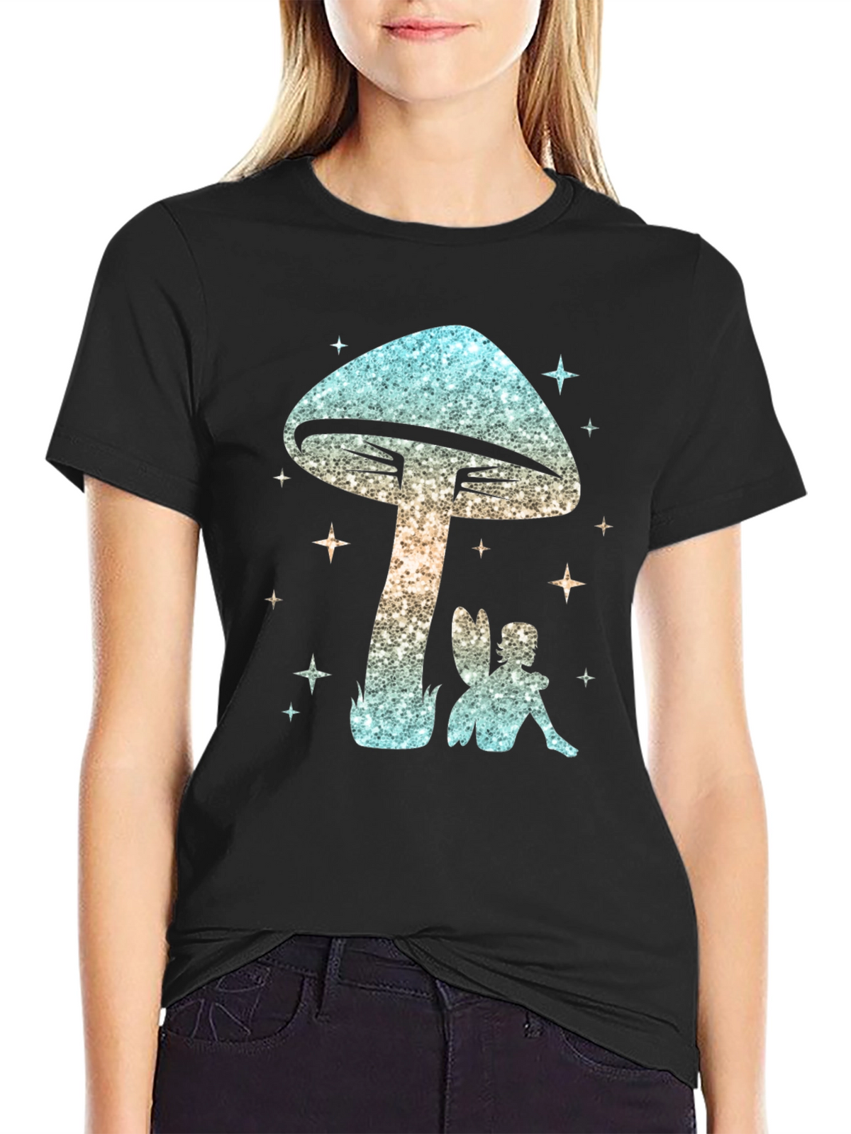 Magical Mushroom & Fairy Black T-Shirt