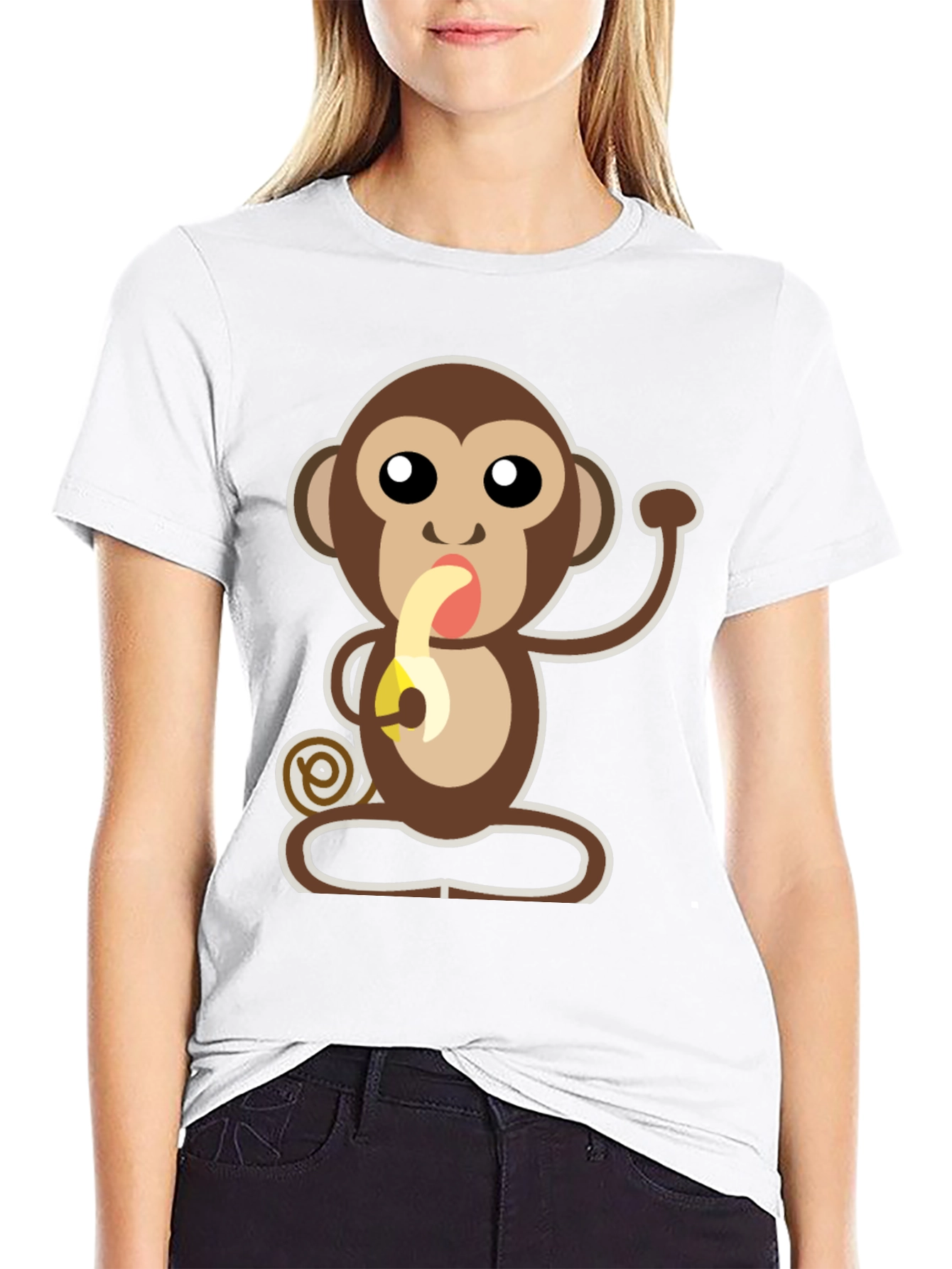Cartoon Monkey Eating Banana Graphic T-Shirt