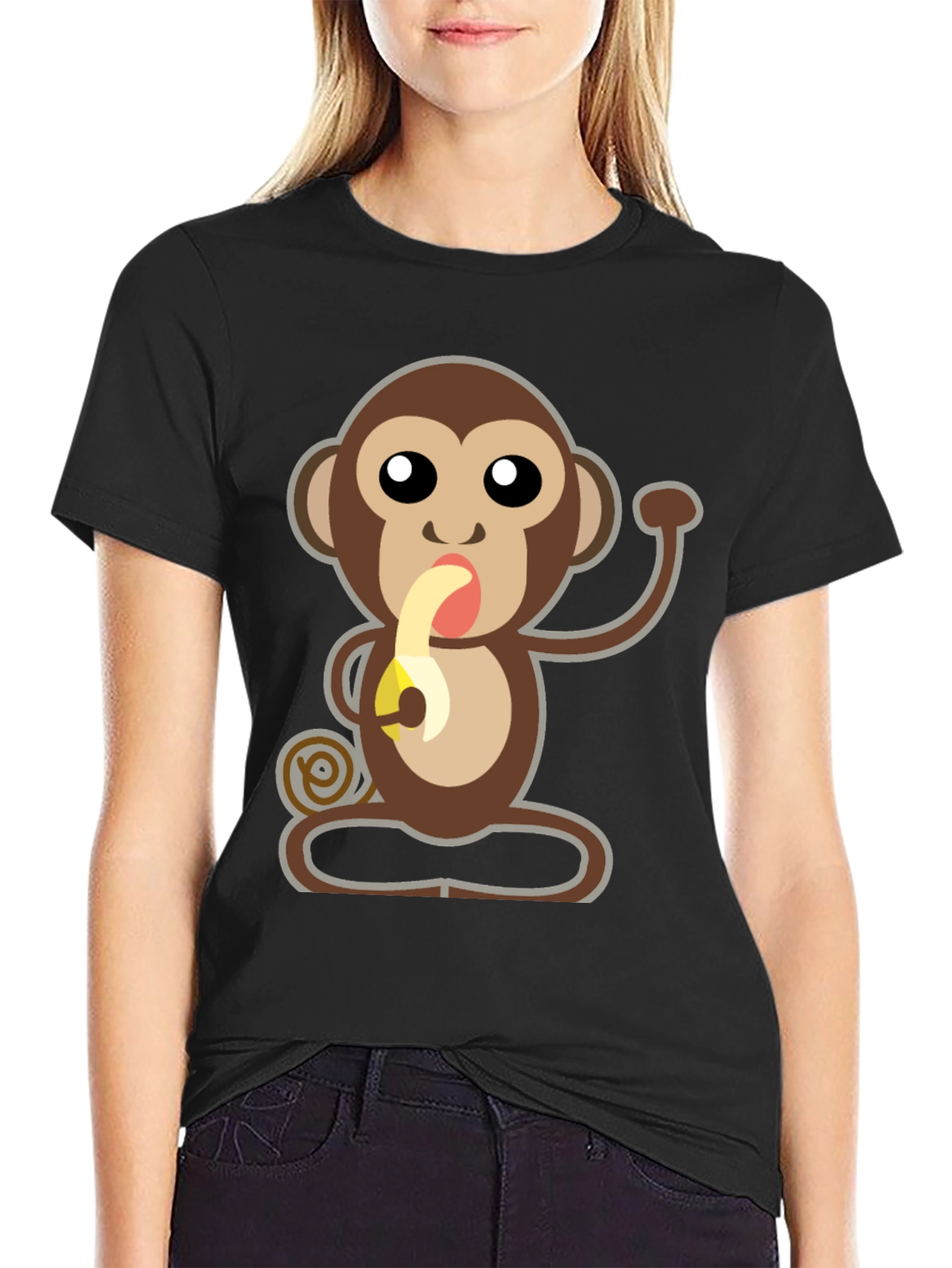 Cartoon Monkey Eating Banana Graphic T-Shirt
