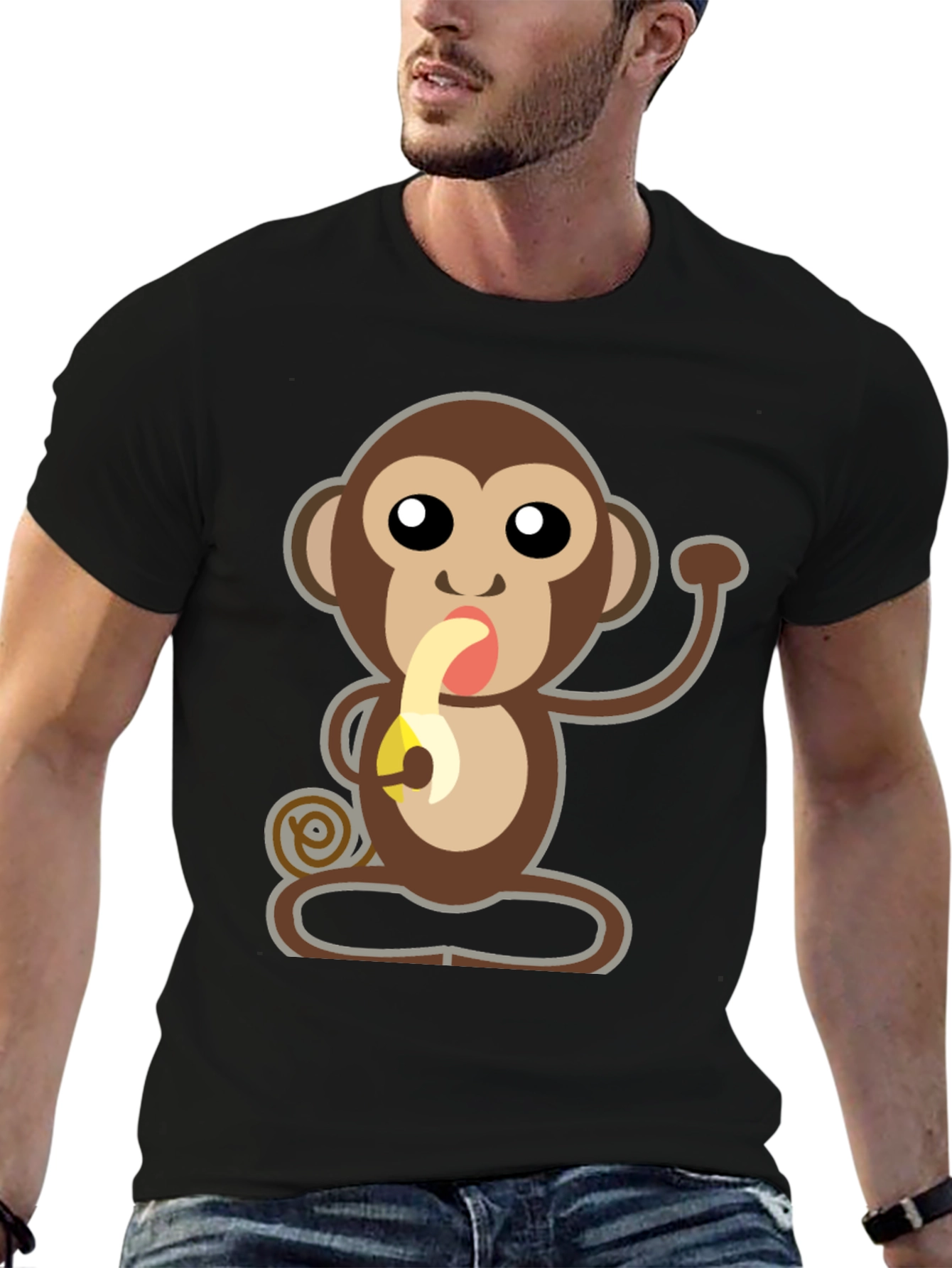 Cartoon Monkey Eating Banana Graphic T-Shirt