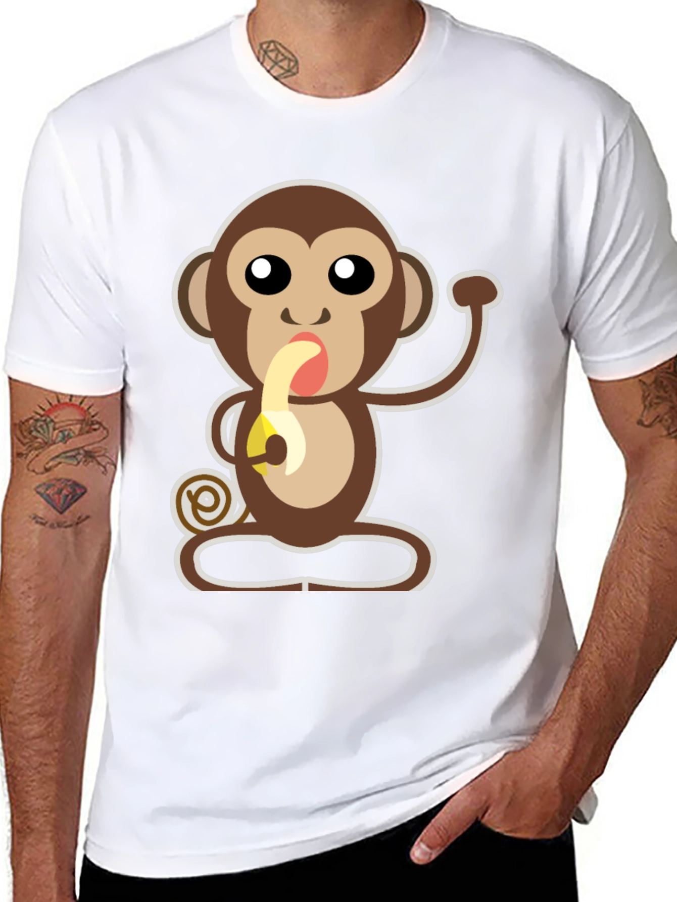 Cartoon Monkey Eating Banana Graphic T-Shirt