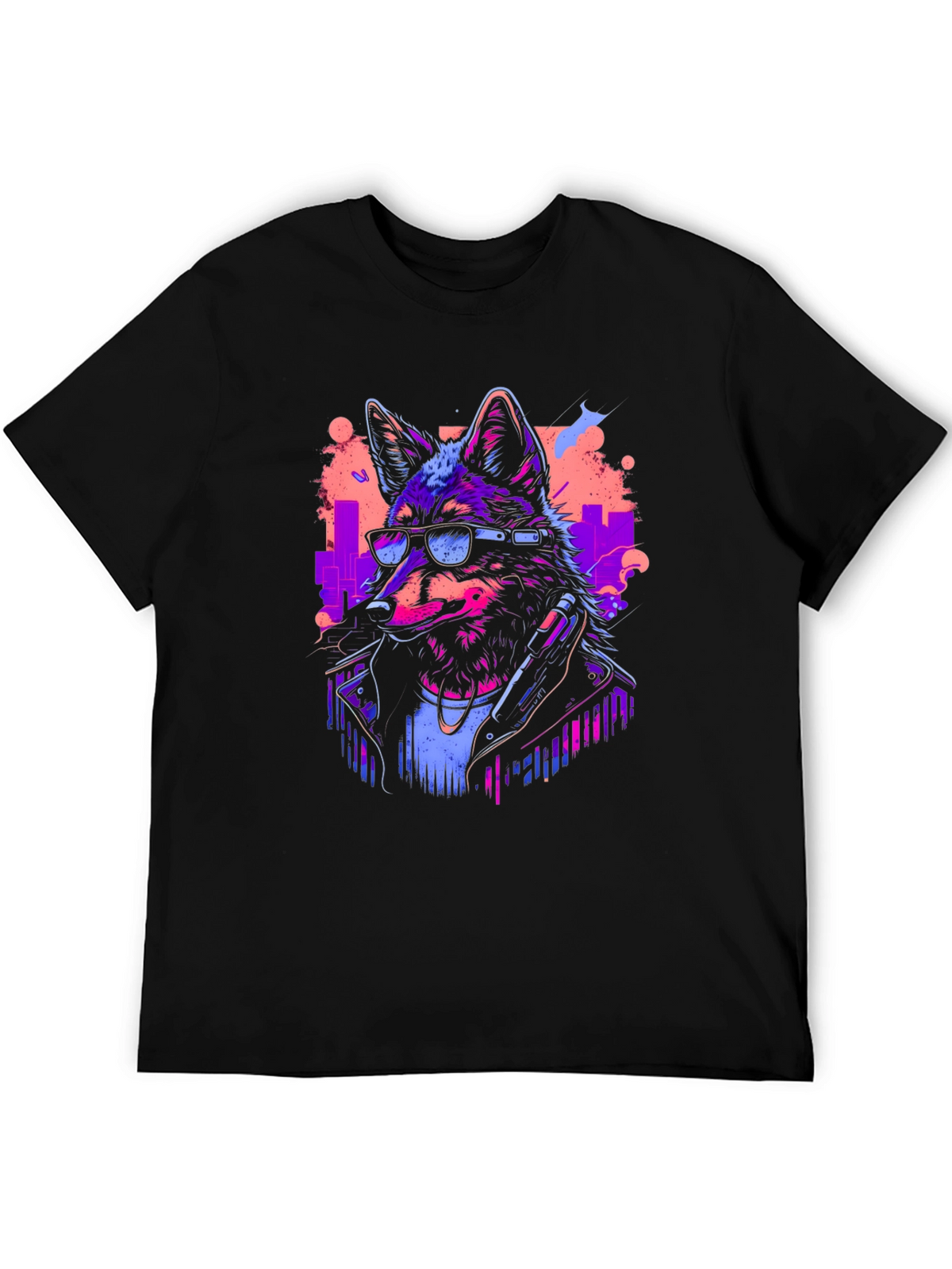 Neon Cyberpunk Wolf Graphic T-Shirt