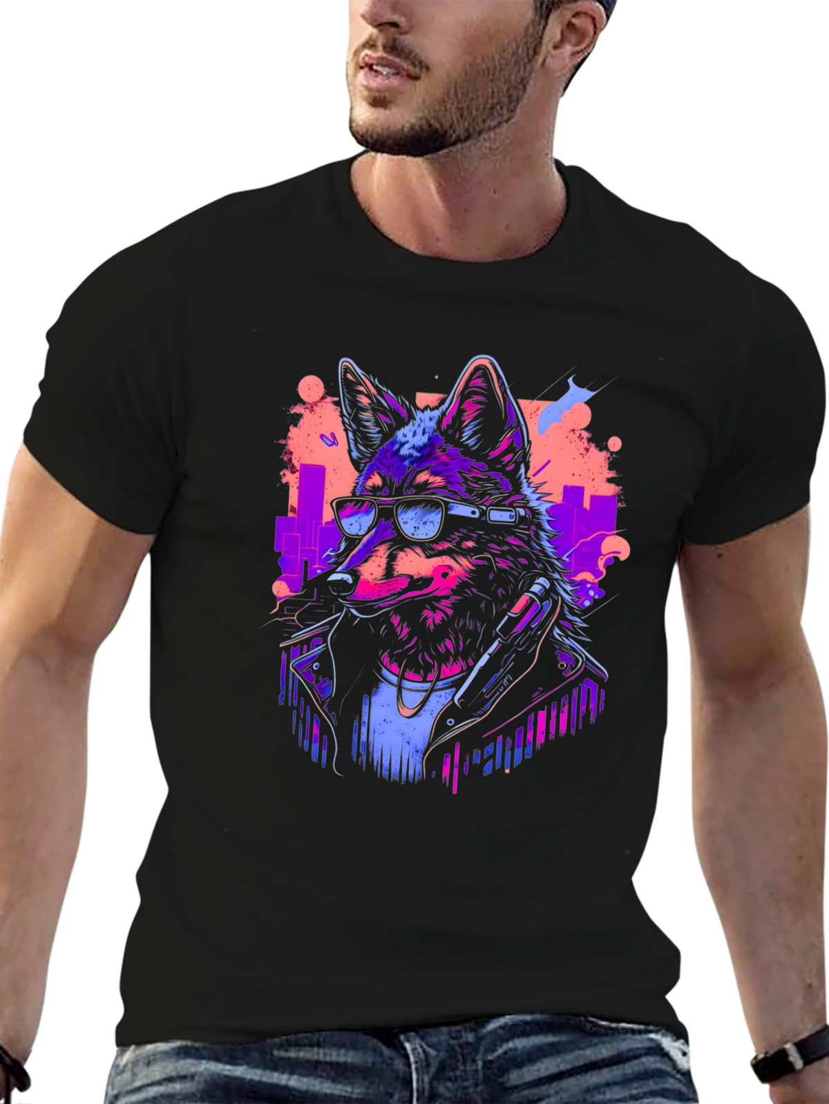 Neon Cyberpunk Wolf Graphic T-Shirt