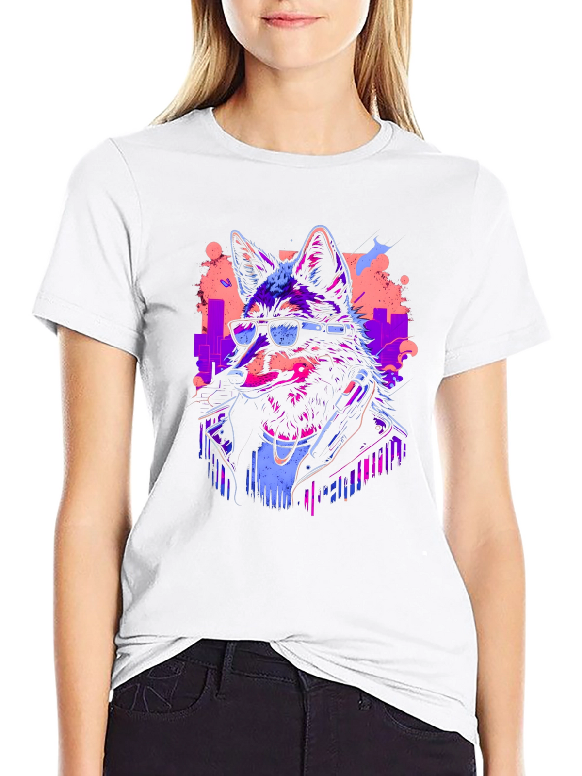 Neon Cyberpunk Wolf Graphic T-Shirt