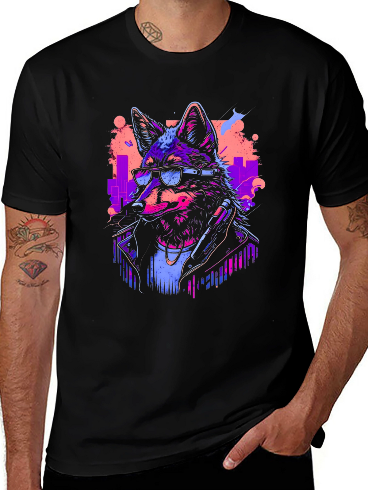 Neon Cyberpunk Wolf Graphic T-Shirt