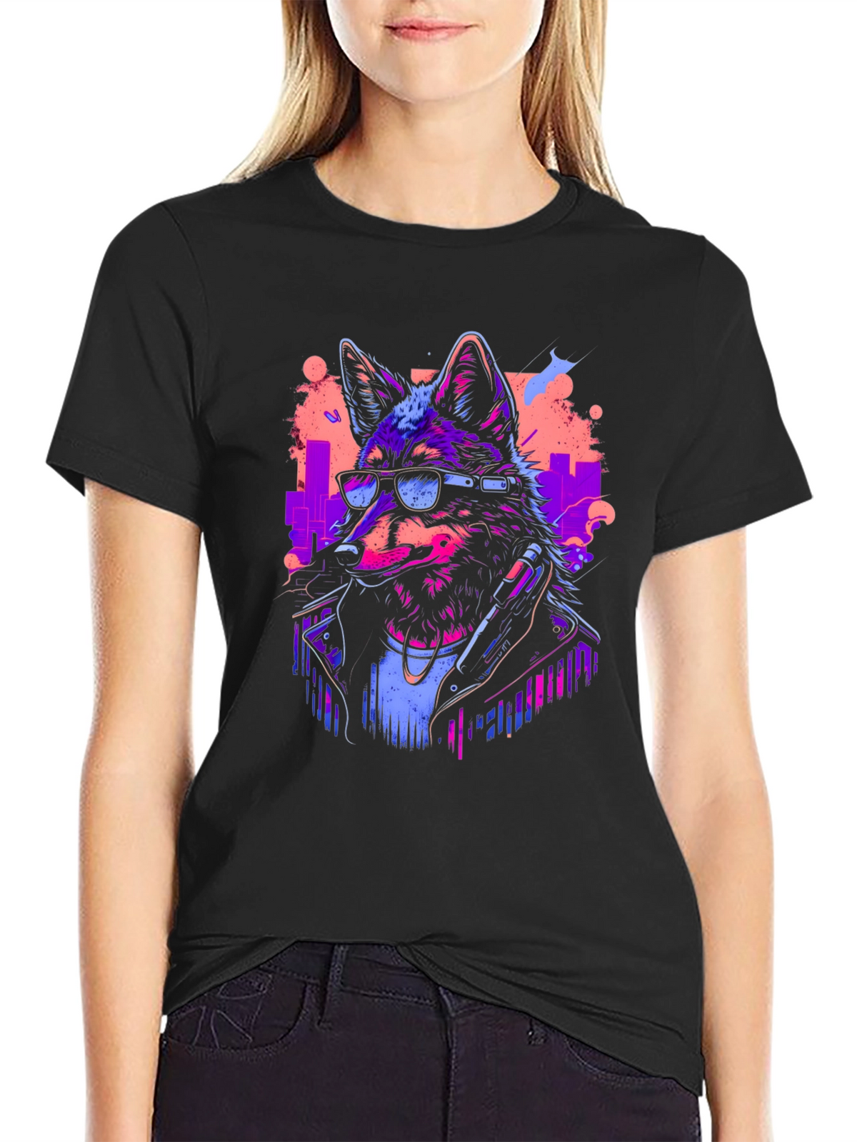 Neon Cyberpunk Wolf Graphic T-Shirt