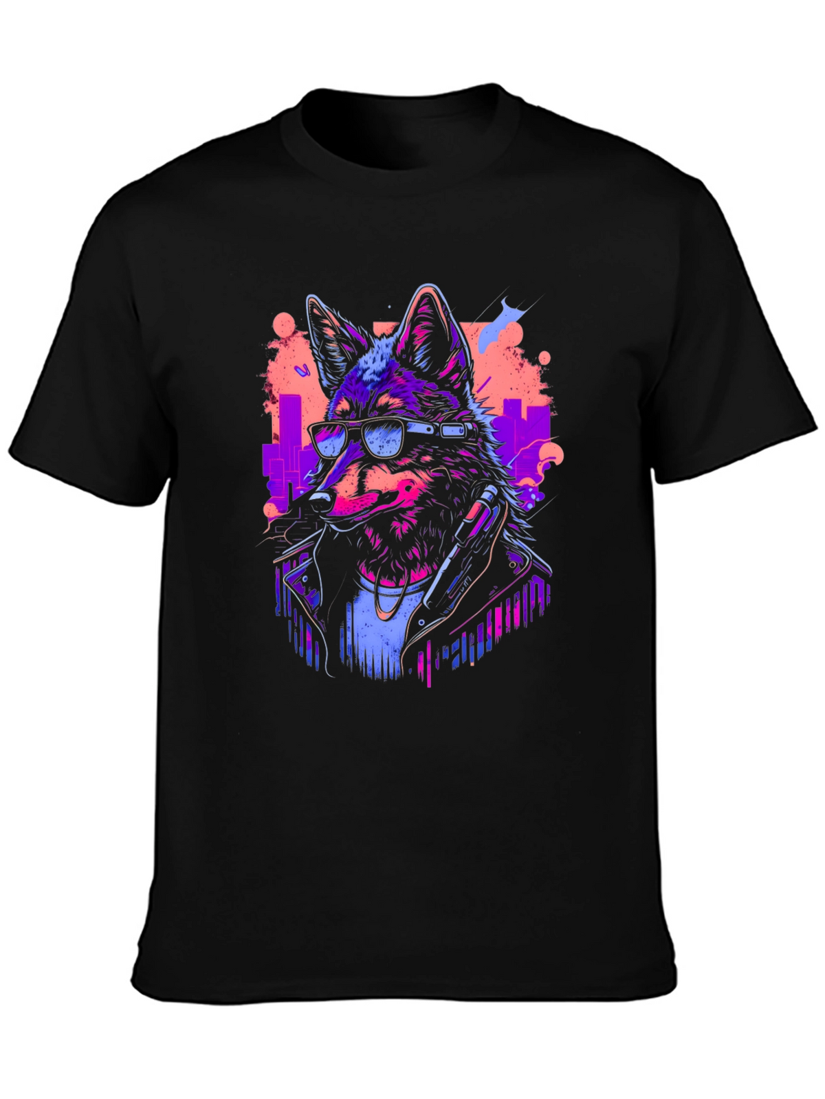 Neon Cyberpunk Wolf Graphic T-Shirt