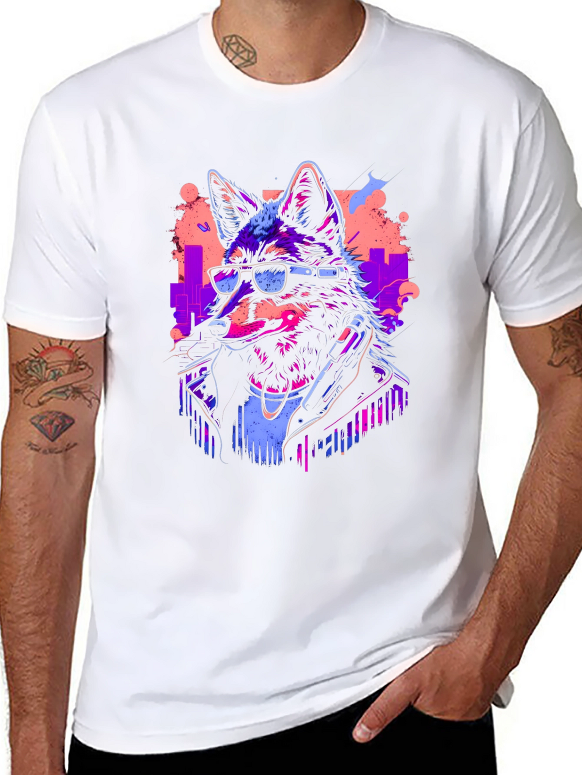 Neon Cyberpunk Wolf Graphic T-Shirt