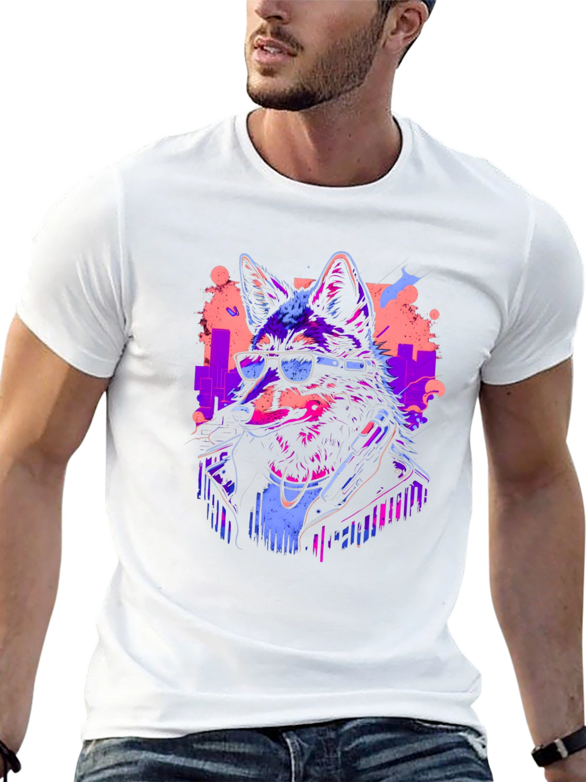 Neon Cyberpunk Wolf Graphic T-Shirt