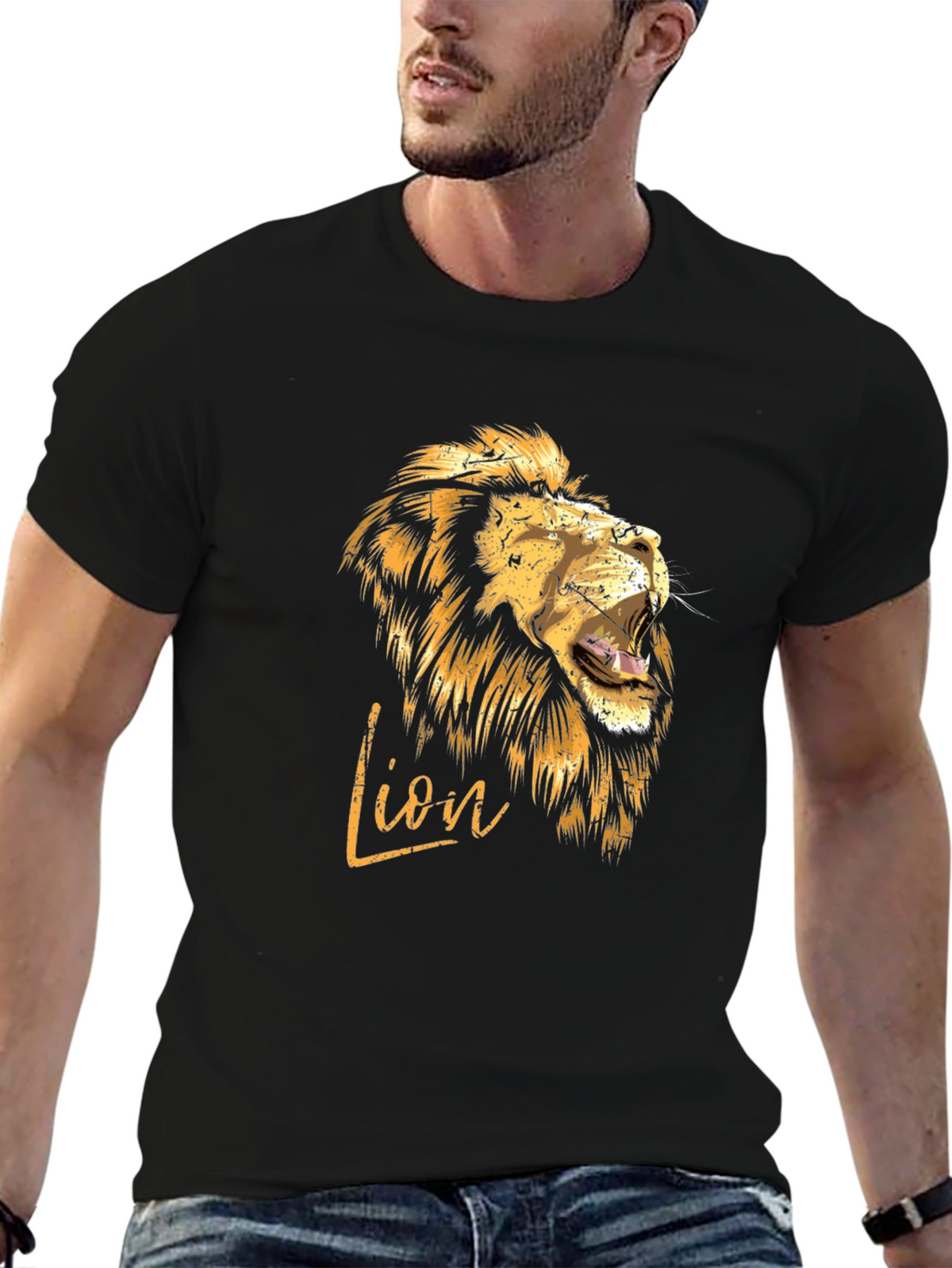 Lion Graphic Print Mens T-Shirt - Black