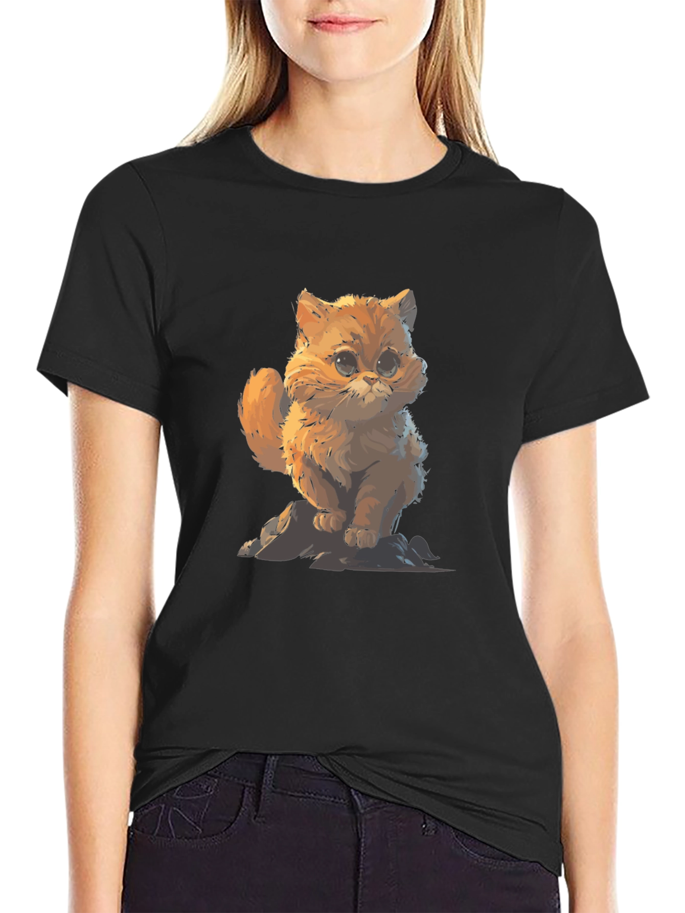 Cute Cat Graphic Black T-Shirt