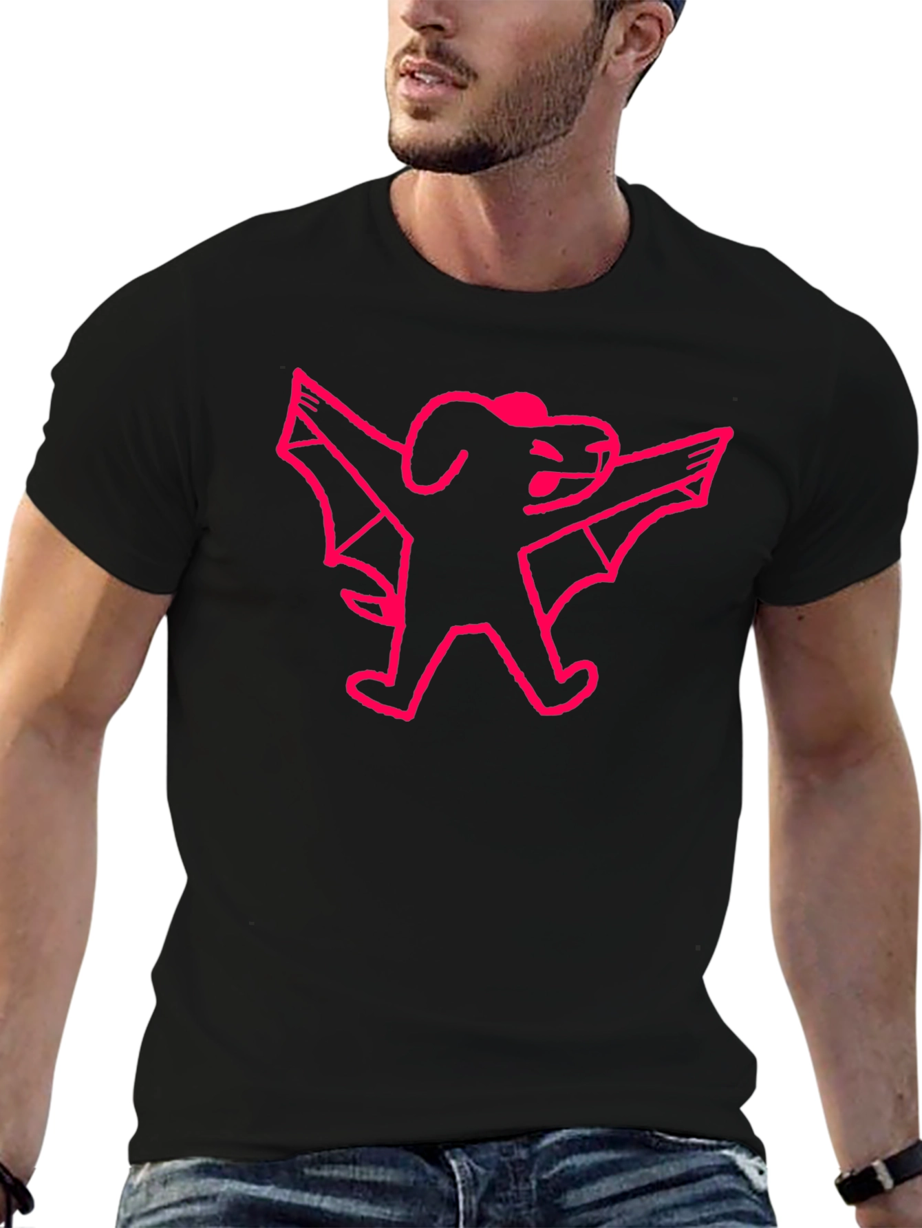 Pink Bat Dog Graphic Black T-Shirt