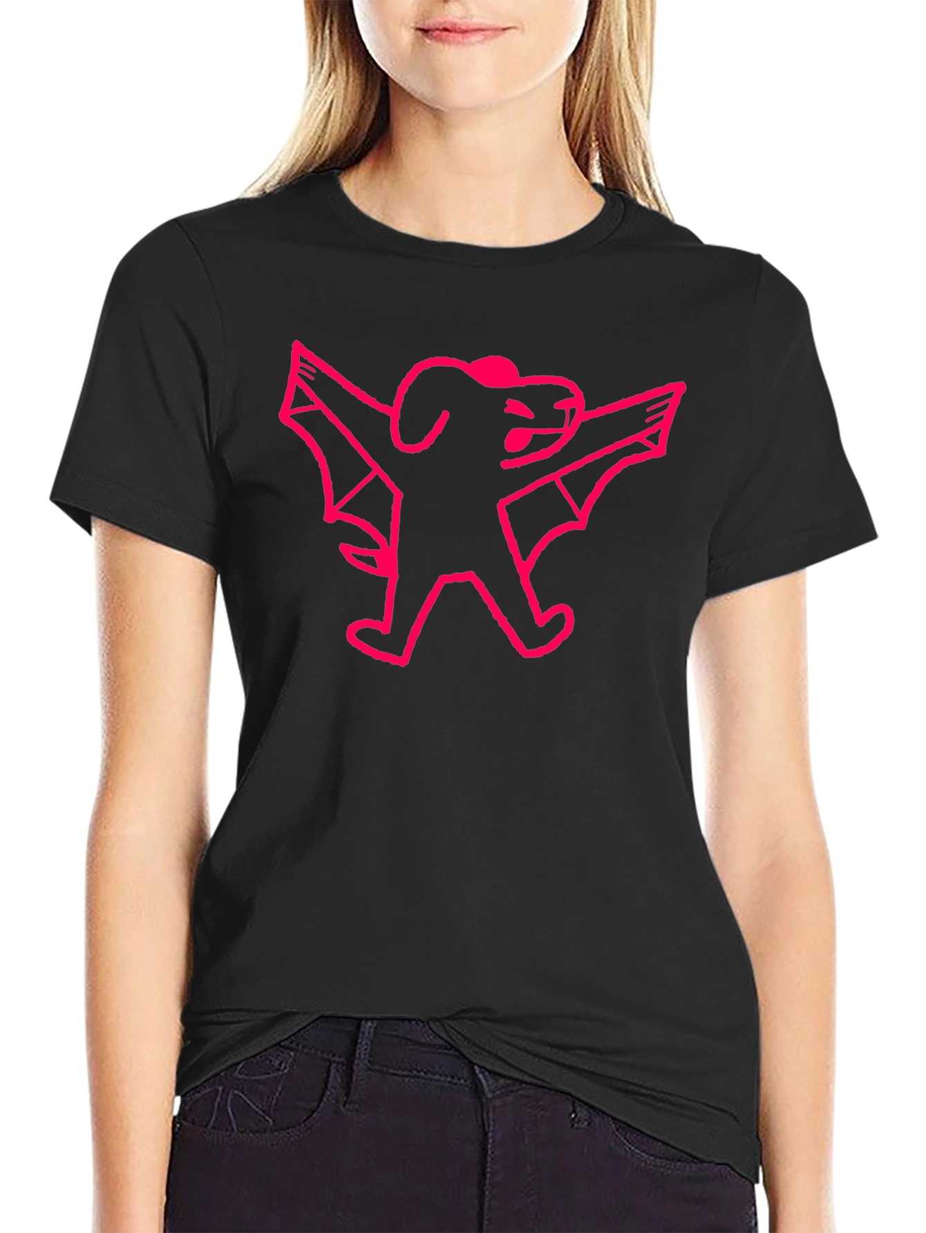 Pink Bat Dog Graphic Black T-Shirt