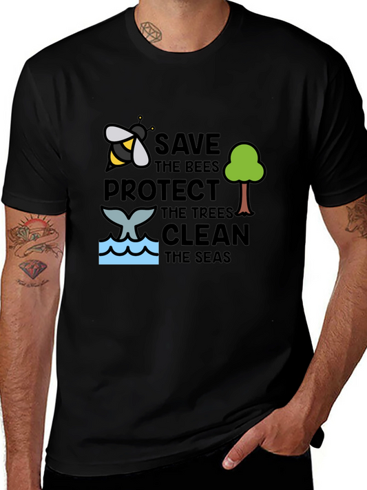 Eco-Friendly Black Graphic T-Shirt - Save the Bees Trees Seas