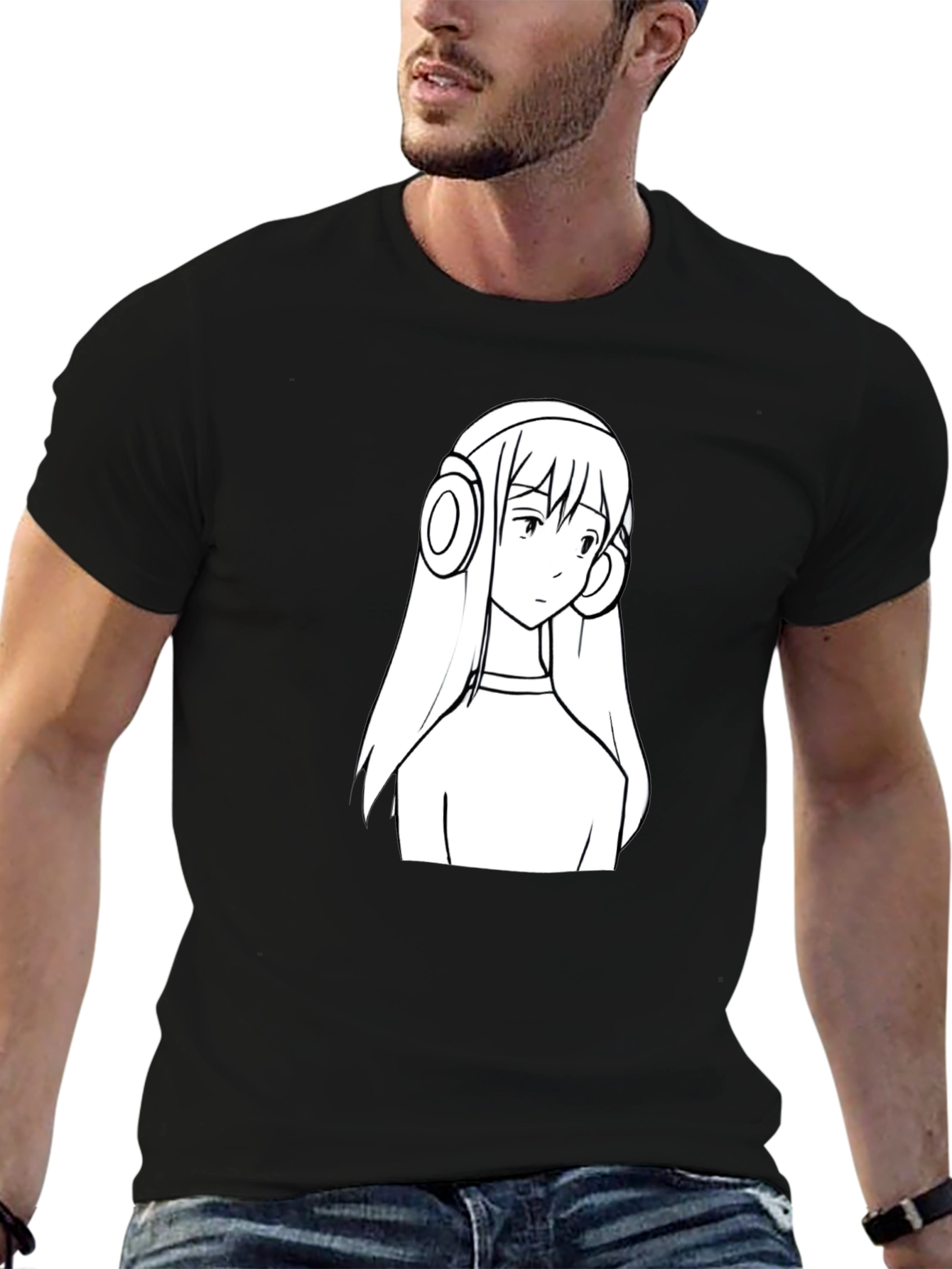 Anime Girl Headphone Graphic Black T-Shirt