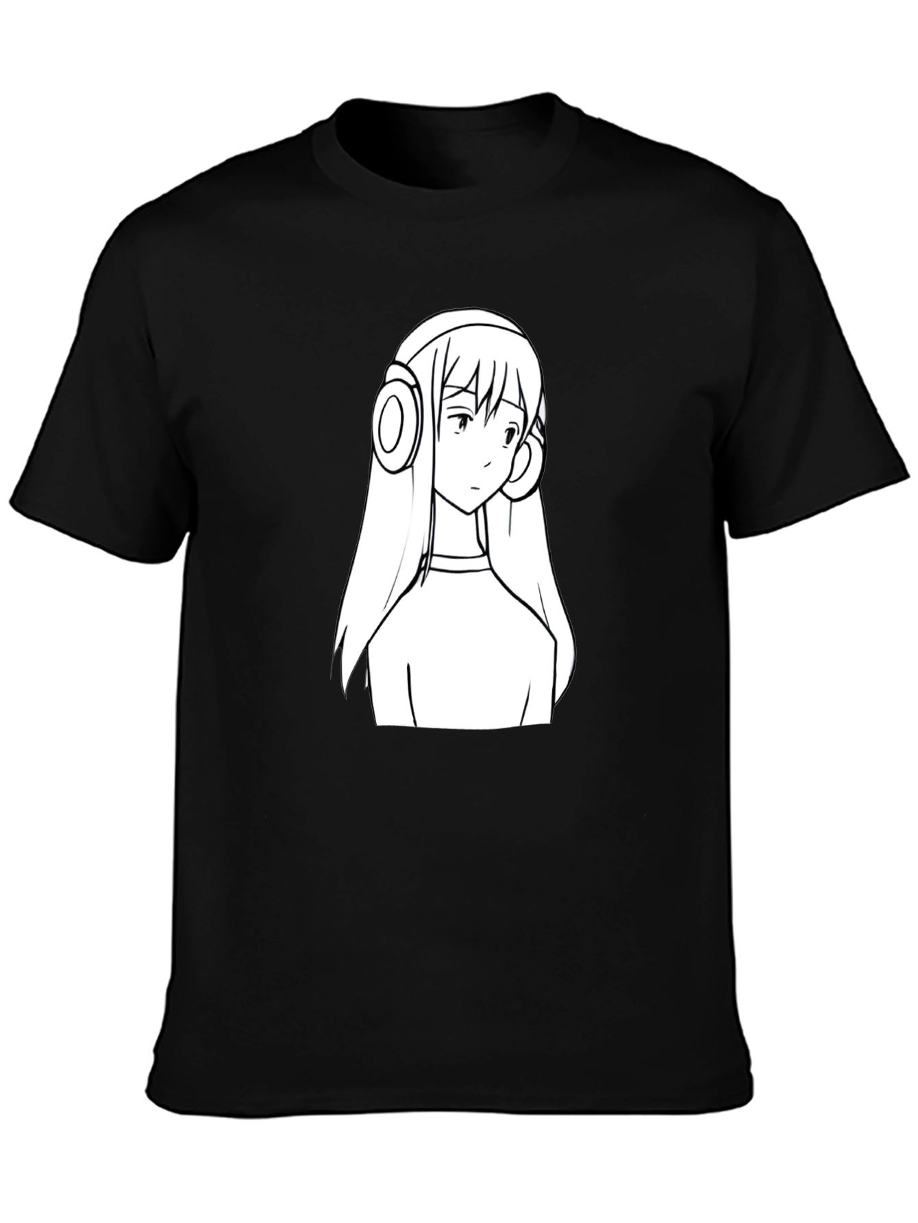 Anime Girl Headphone Graphic Black T-Shirt