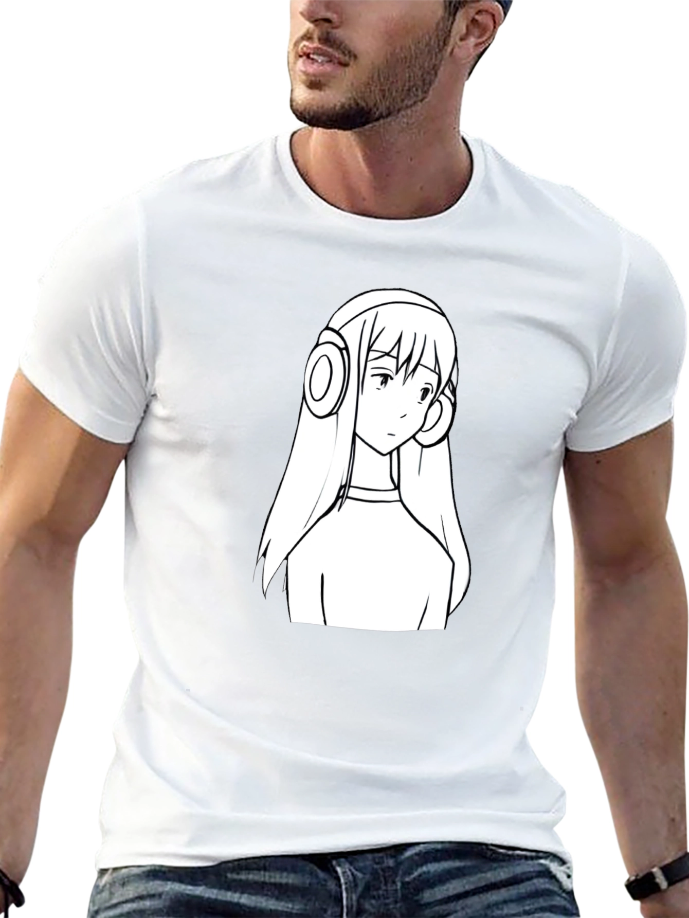 Anime Girl Headphone Graphic Black T-Shirt