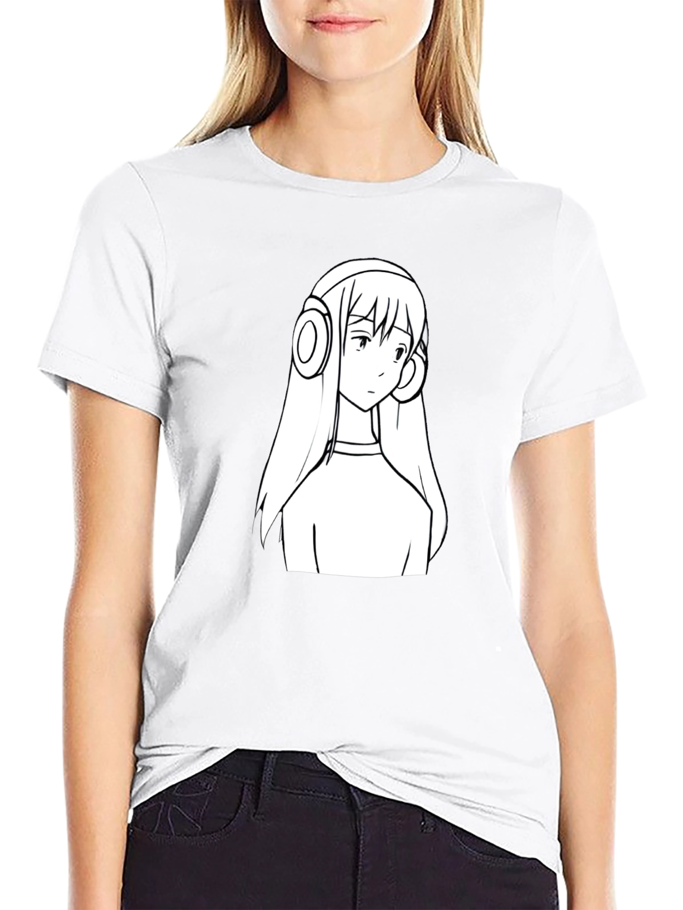 Anime Girl Headphone Graphic Black T-Shirt