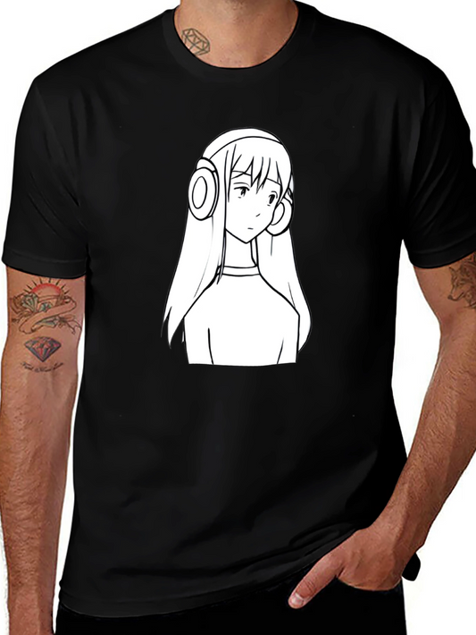 Anime Girl Headphone Graphic Black T-Shirt