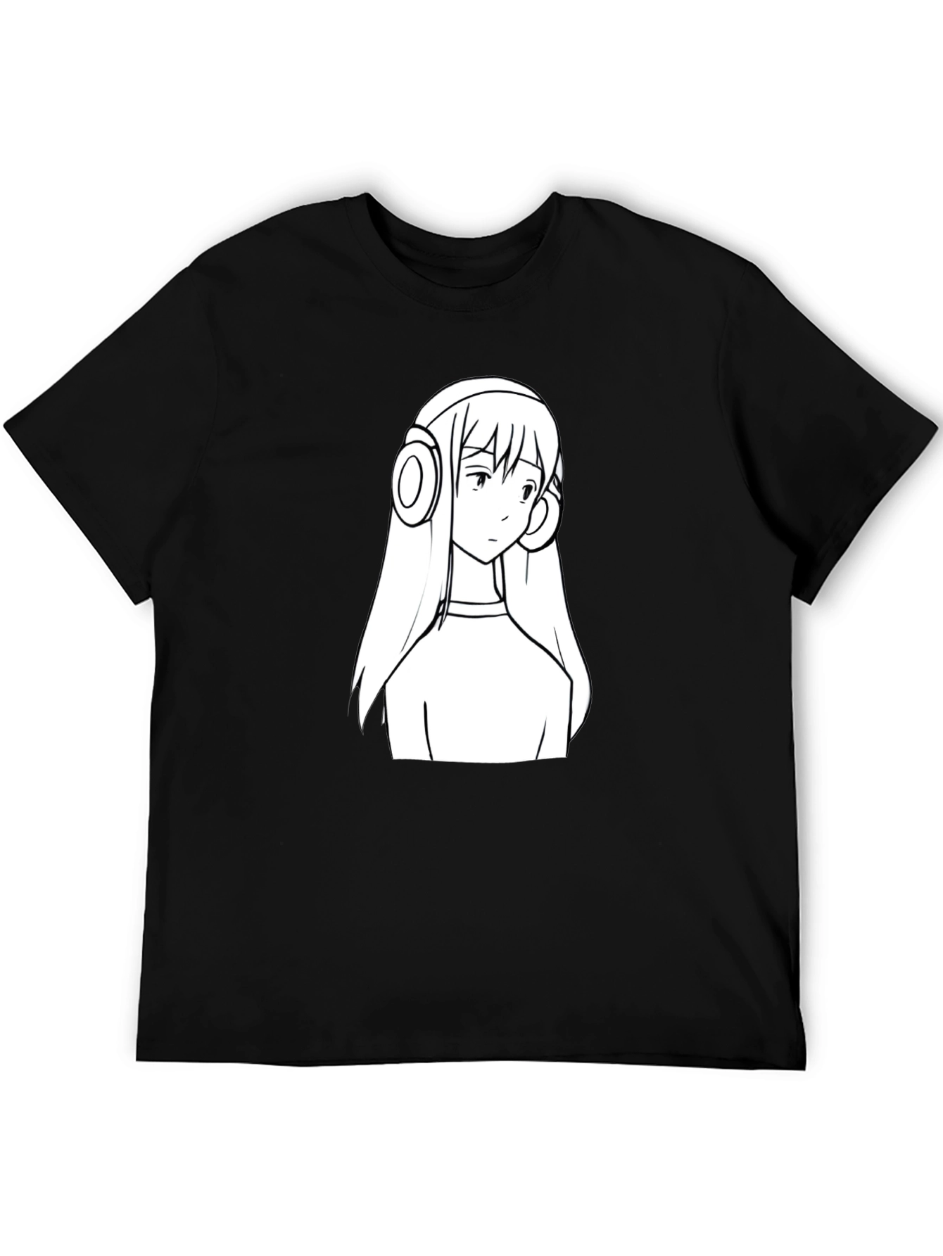 Anime Girl Headphone Graphic Black T-Shirt