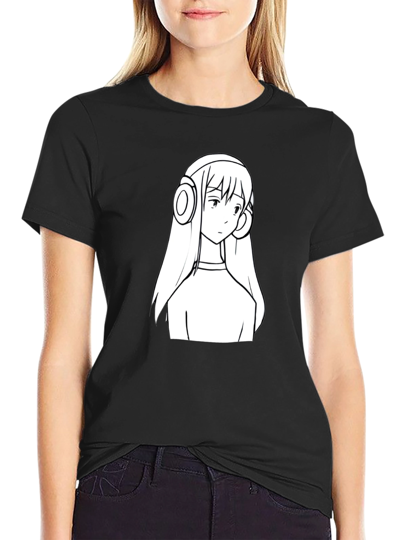 Anime Girl Headphone Graphic Black T-Shirt