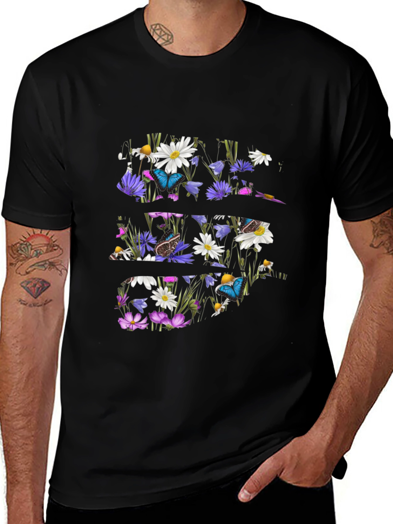 Floral Butterfly Graphic Tee - Mens Black T-Shirt