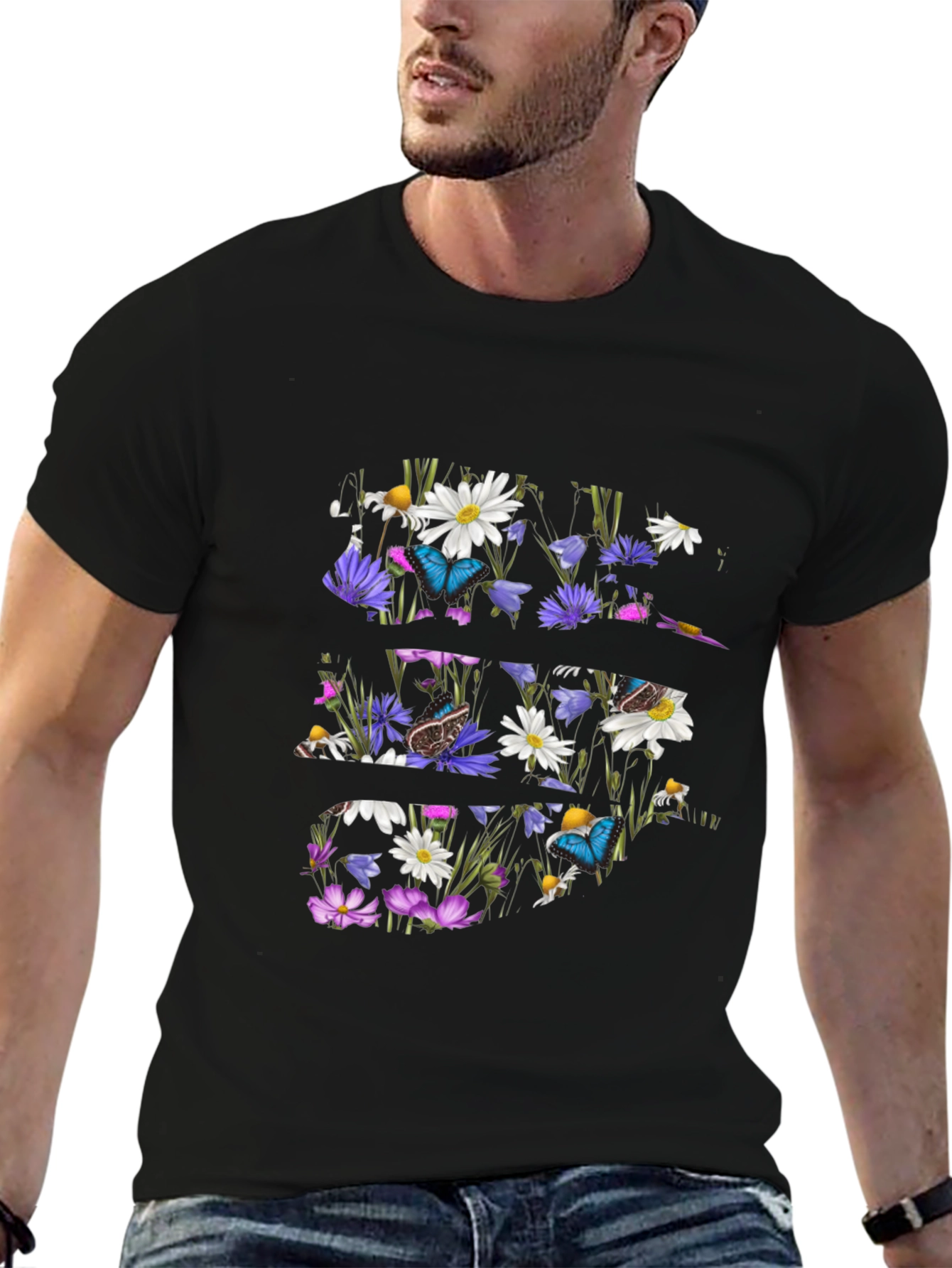 Floral Butterfly Graphic Tee - Mens Black T-Shirt
