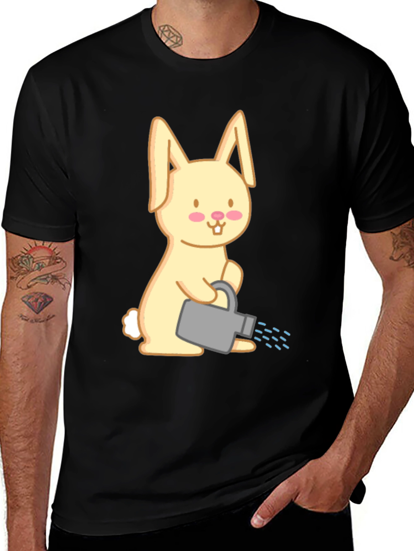 Bunny with Watering Can T-Shirt - Black Cotton Tee