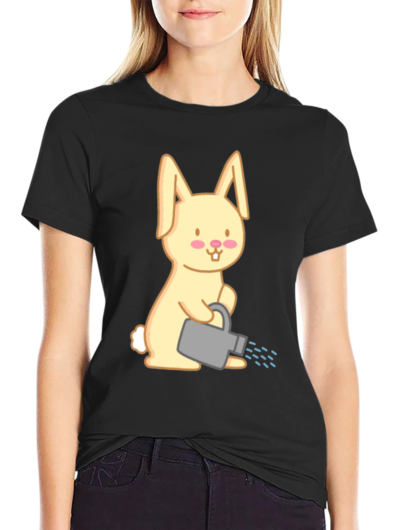Bunny with Watering Can T-Shirt - Black Cotton Tee