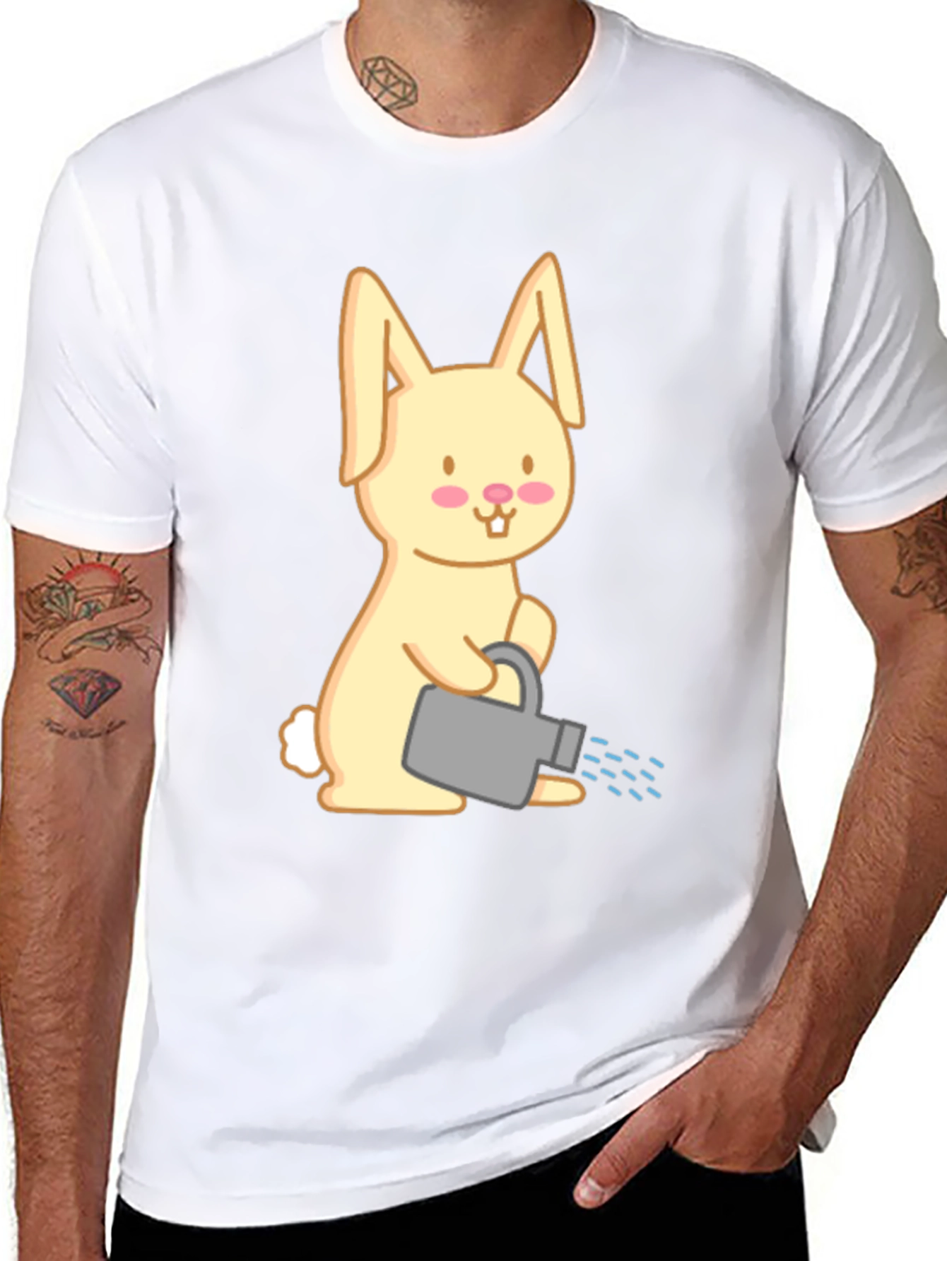 Bunny with Watering Can T-Shirt - Black Cotton Tee