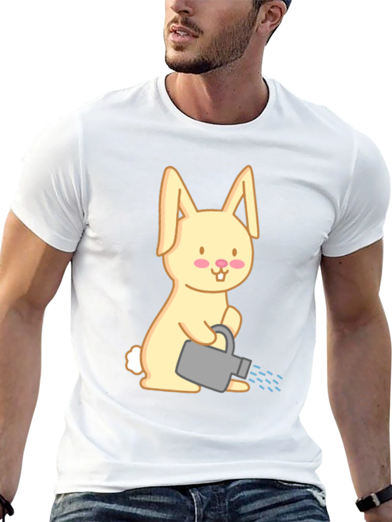 Bunny with Watering Can T-Shirt - Black Cotton Tee