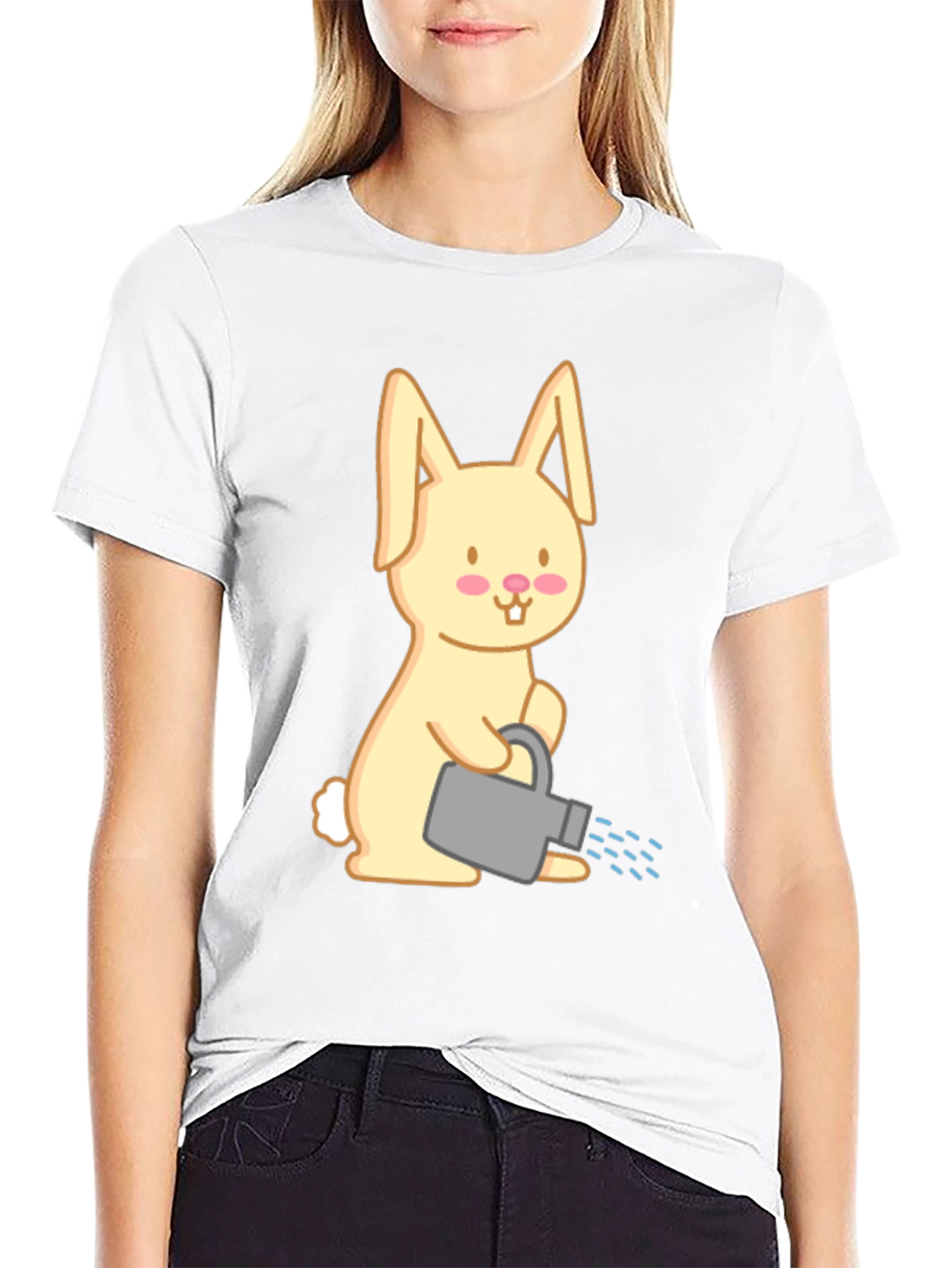 Bunny with Watering Can T-Shirt - Black Cotton Tee